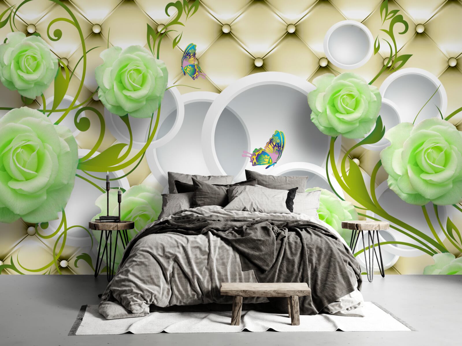 Papier peint la rose est blanche et verte avec des éléments d'or et de perles