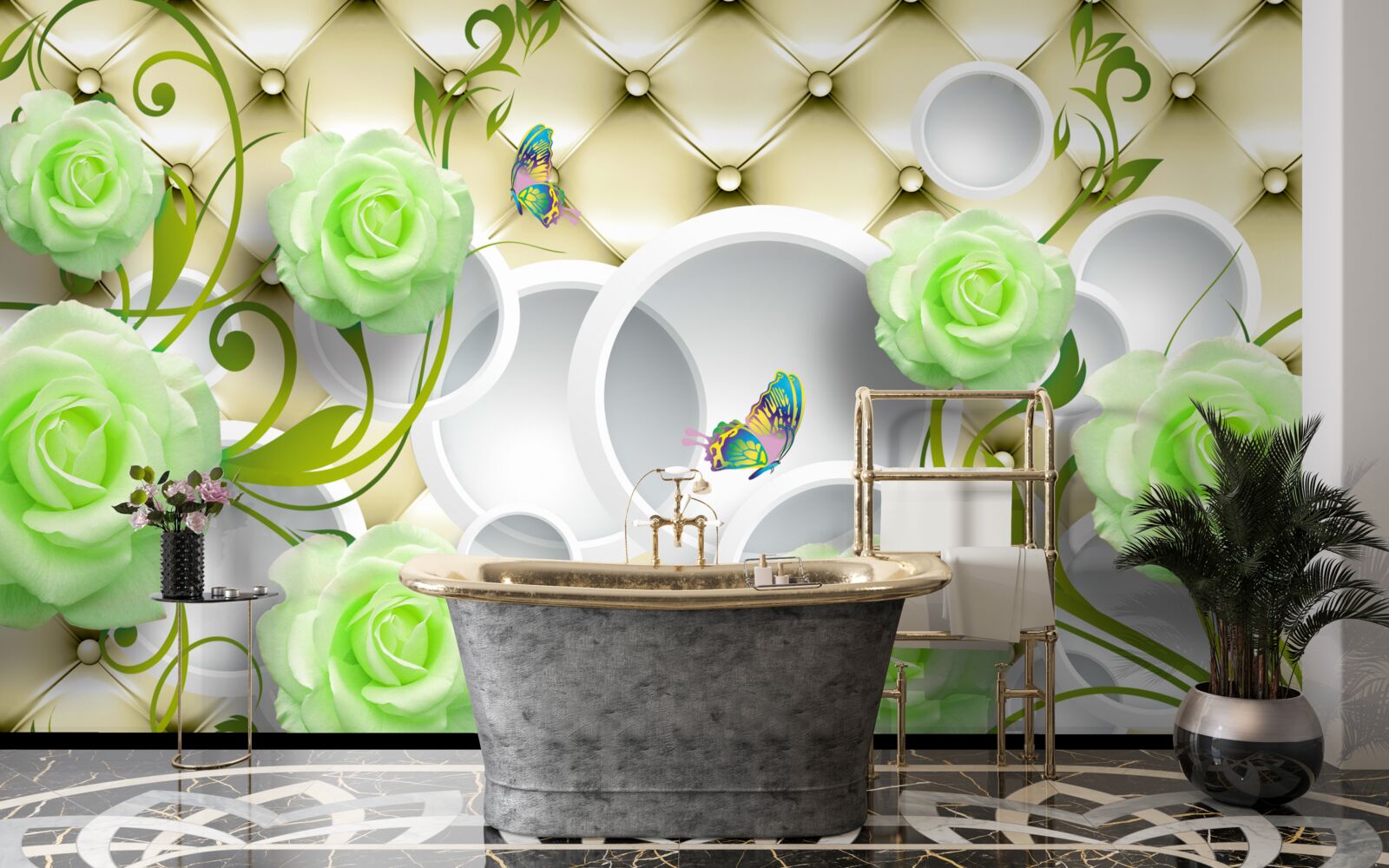 Papier peint la rose est blanche et verte avec des éléments d'or et de perles