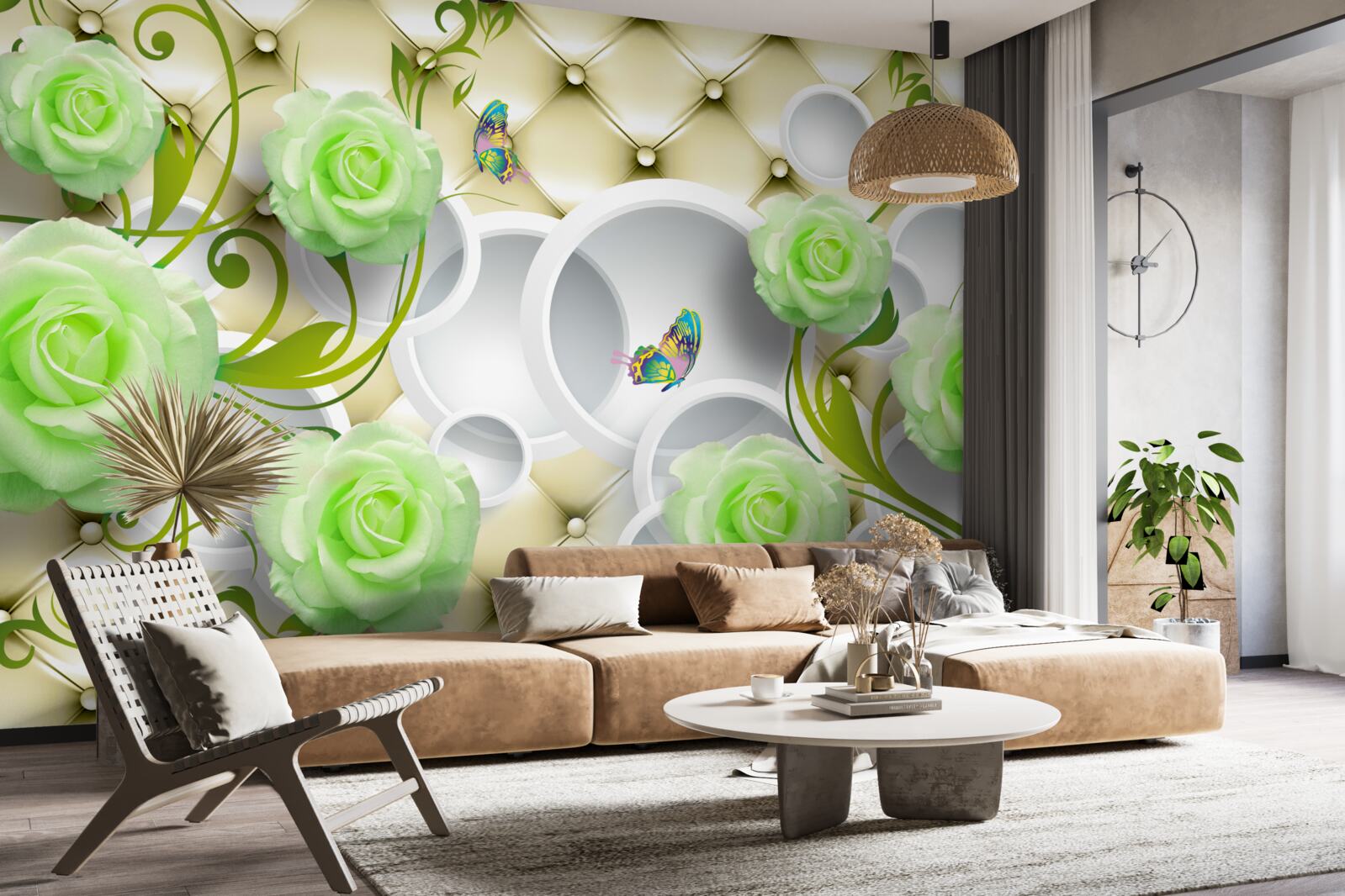 Papier peint la rose est blanche et verte avec des éléments d'or et de perles