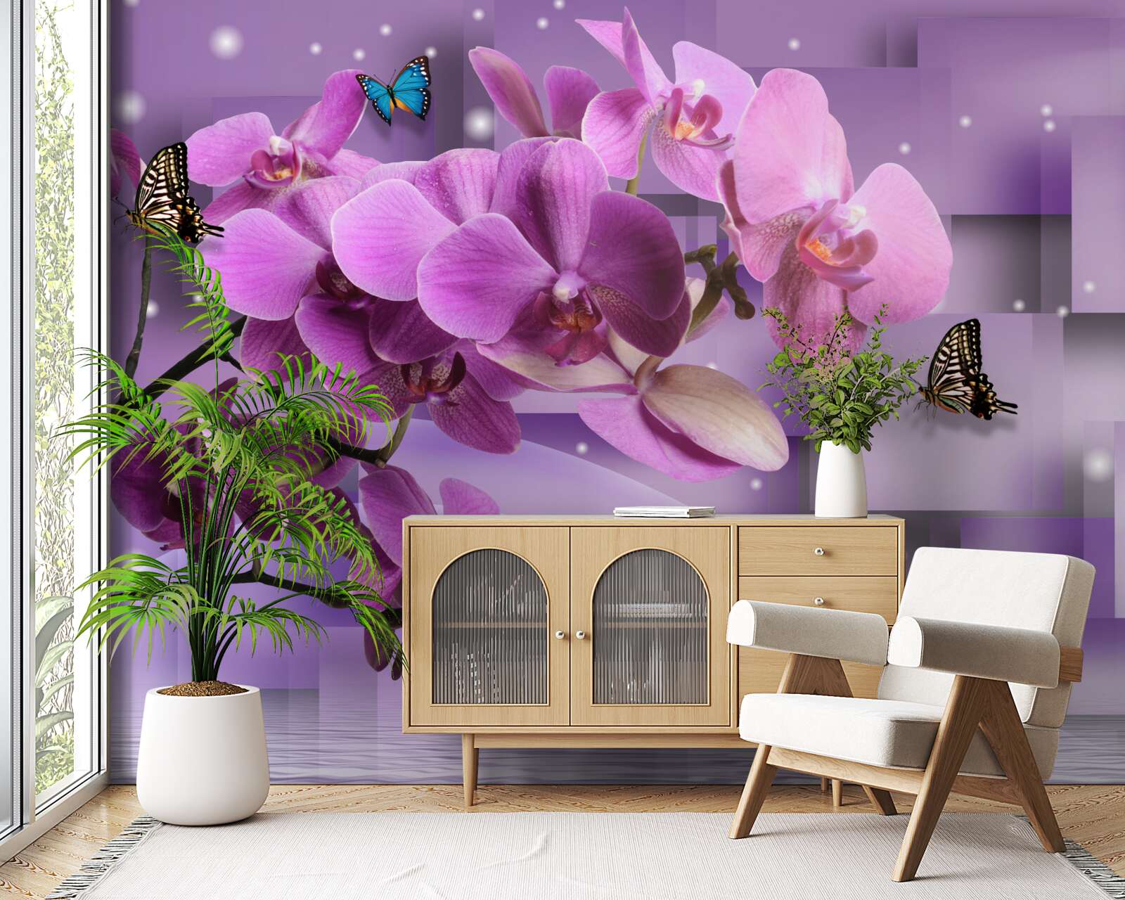 Papier peint composition d'orchidées fines et de papillons