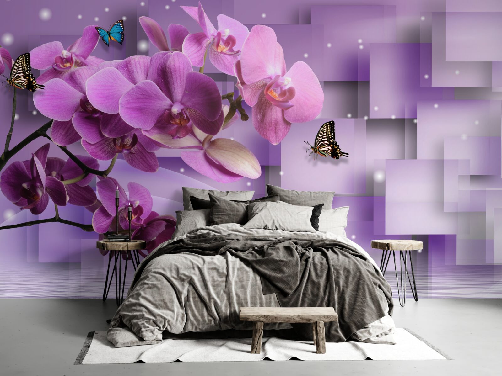 Papier peint composition d'orchidées fines et de papillons