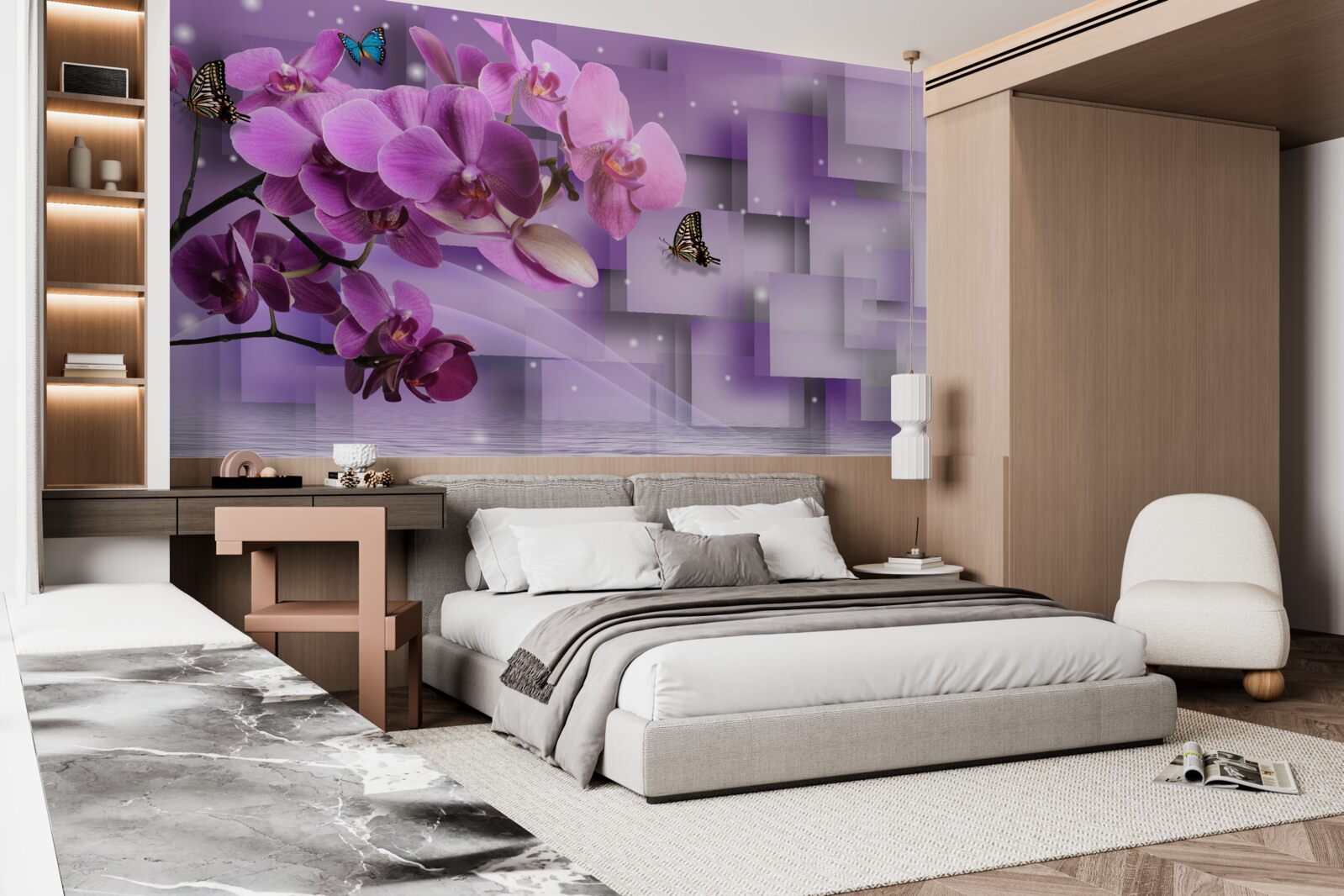 Papier peint composition d'orchidées fines et de papillons