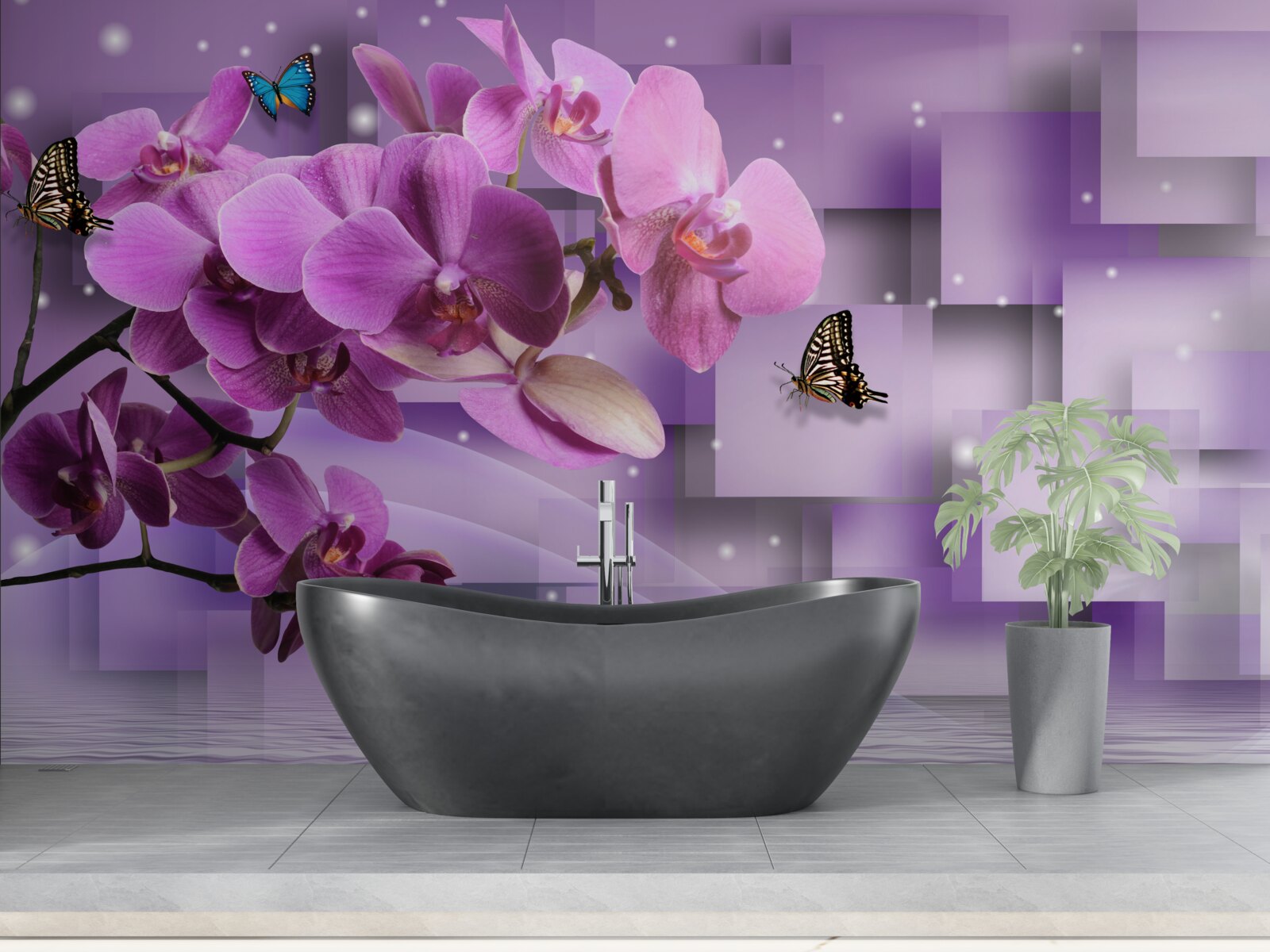 Papier peint composition d'orchidées fines et de papillons