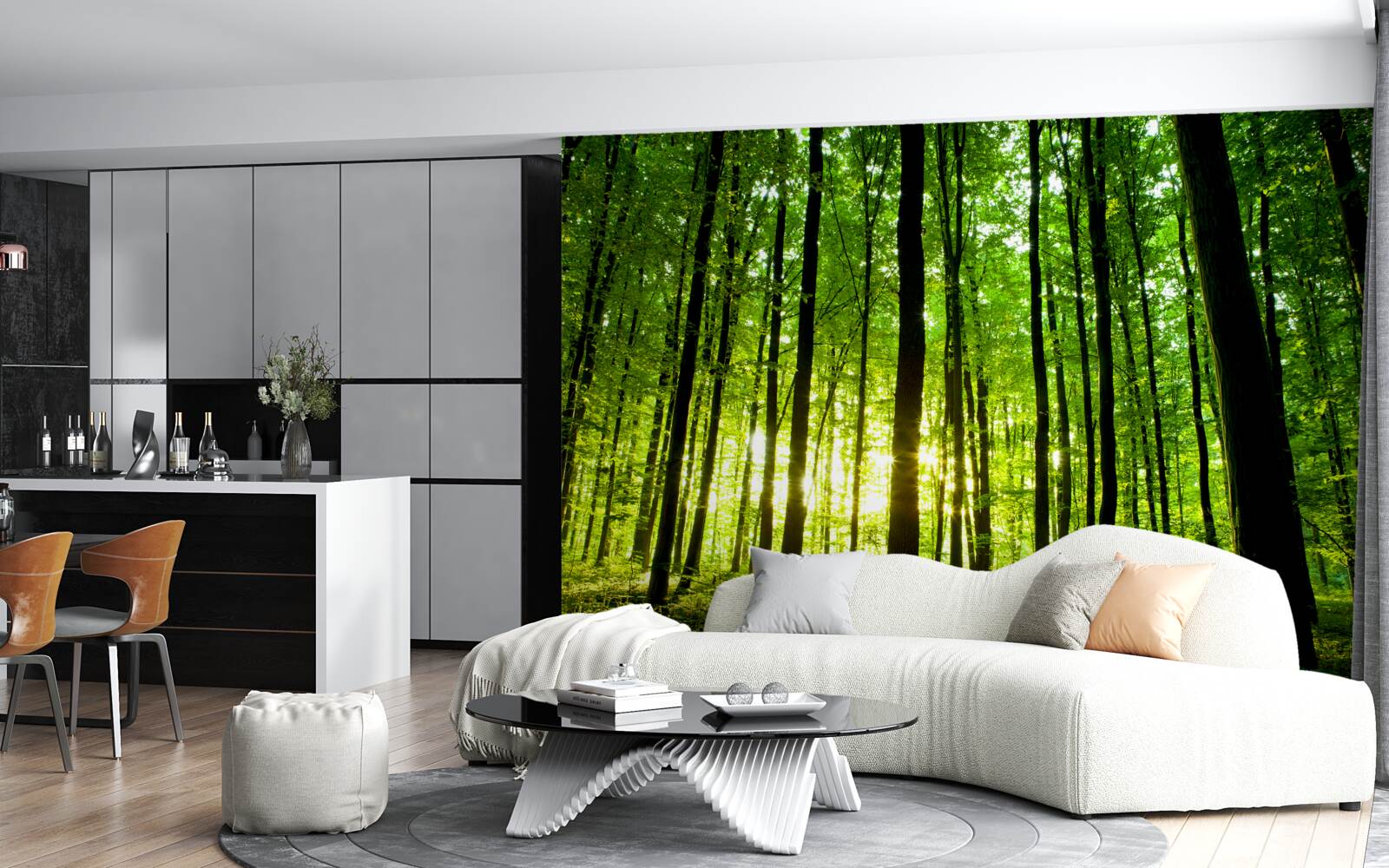 Papier peint les rayons du soleil pénètrent dans le bosquet dense