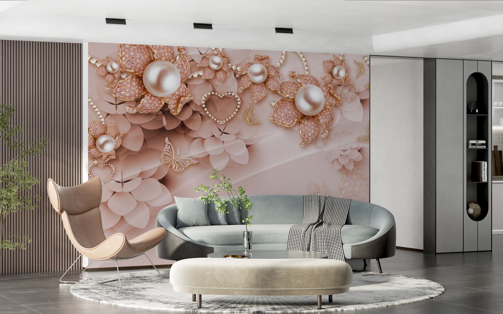 Papier peint perles en forme de fleur dans des montures en or