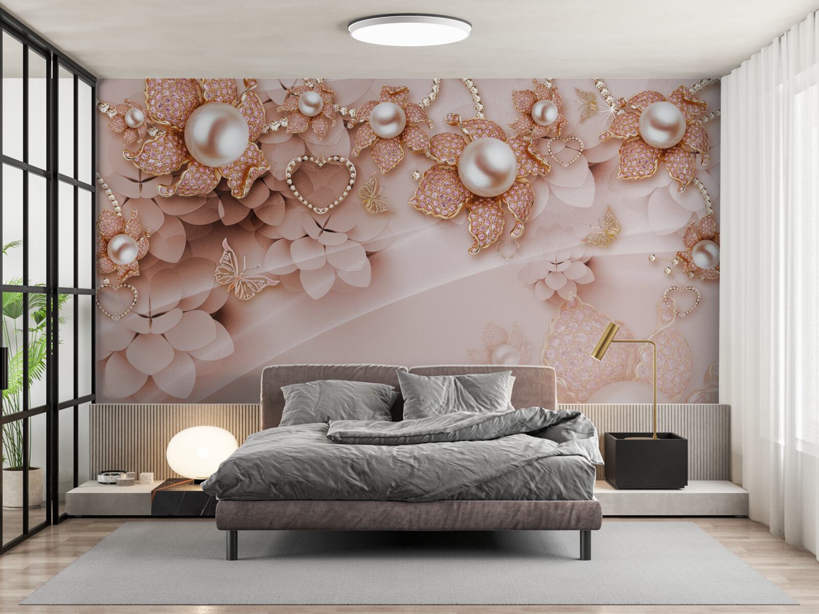 Papier peint perles en forme de fleur dans des montures en or