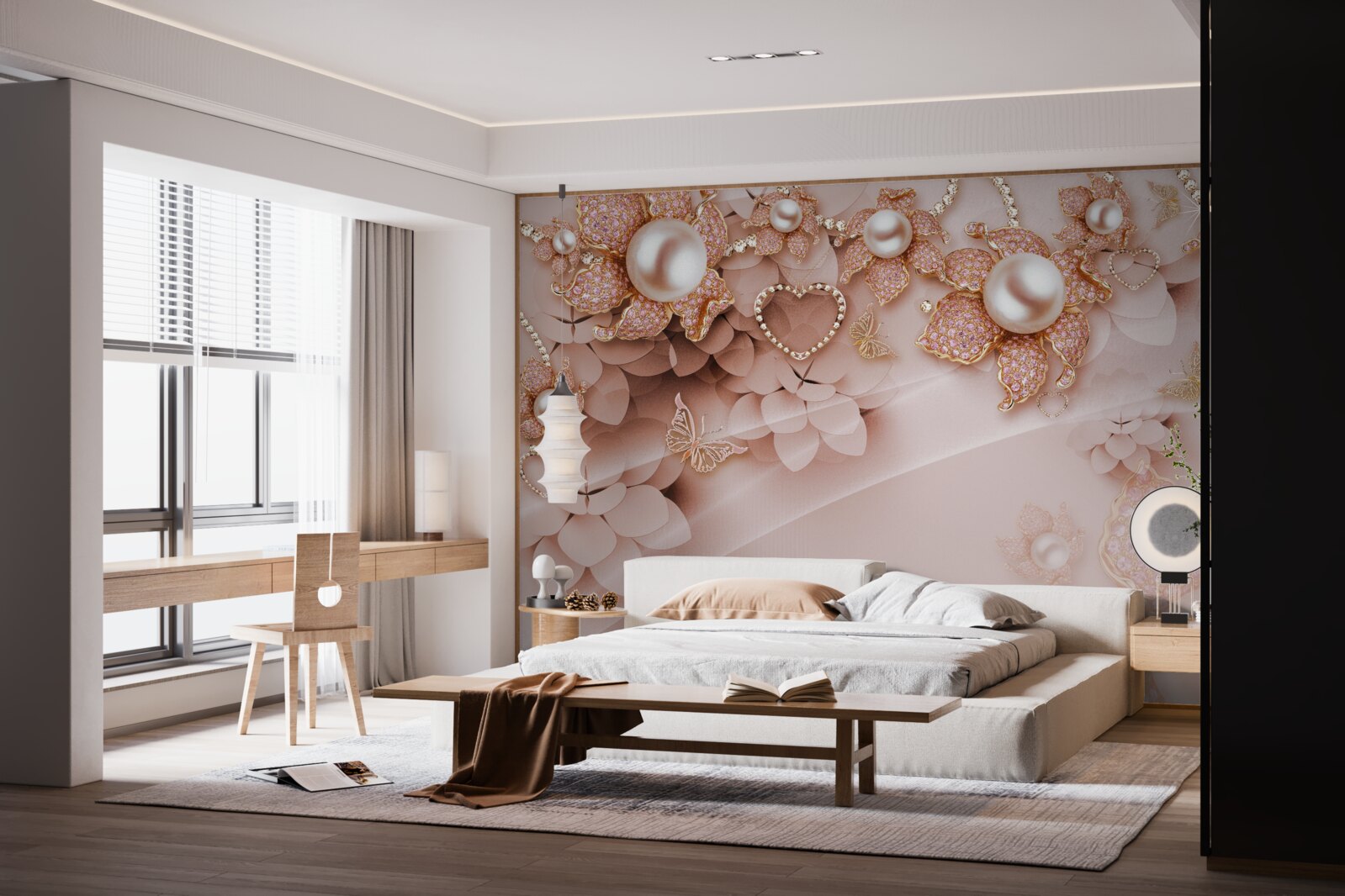 Papier peint perles en forme de fleur dans des montures en or