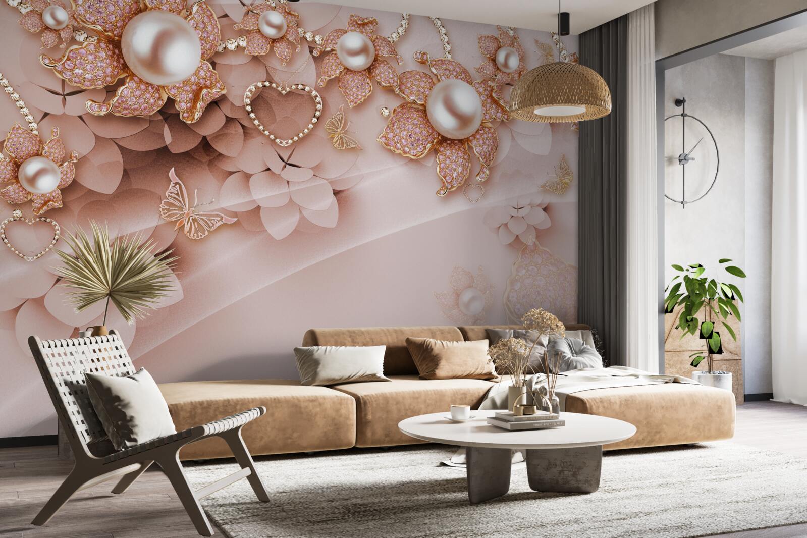 Papier peint perles en forme de fleur dans des montures en or