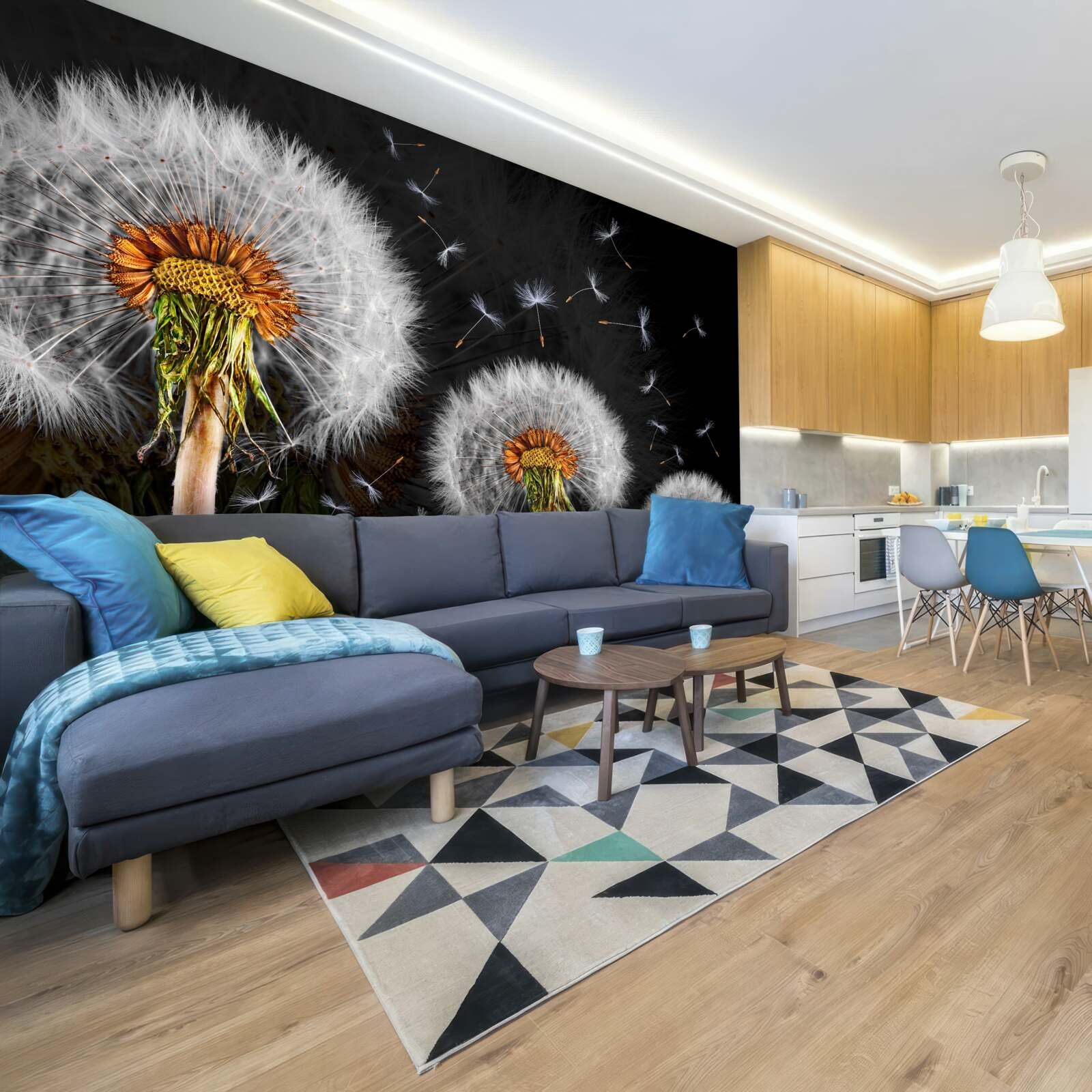 Papier peint en croissance, pétales de pissenlit éparpillés