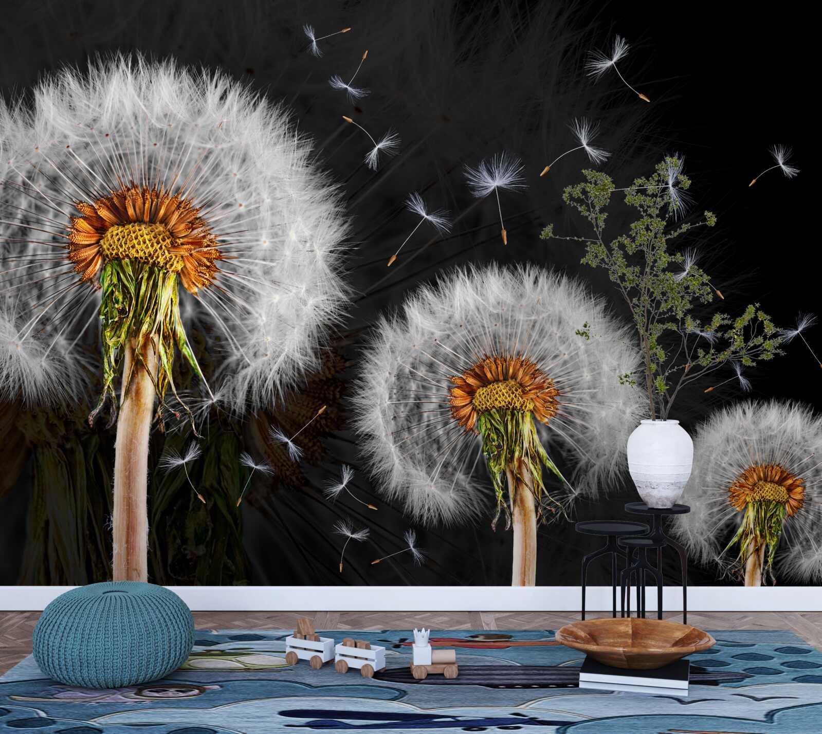 Papier peint en croissance, pétales de pissenlit éparpillés