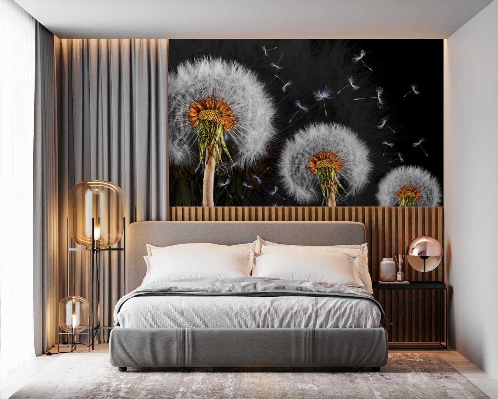 Papier peint en croissance, pétales de pissenlit éparpillés