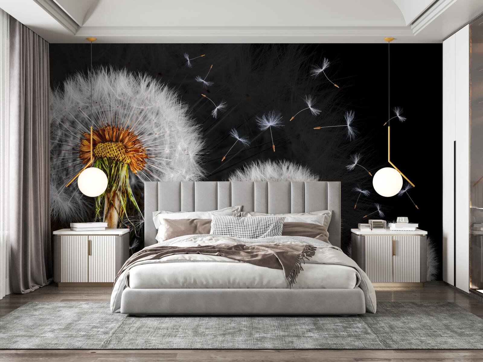 Papier peint en croissance, pétales de pissenlit éparpillés