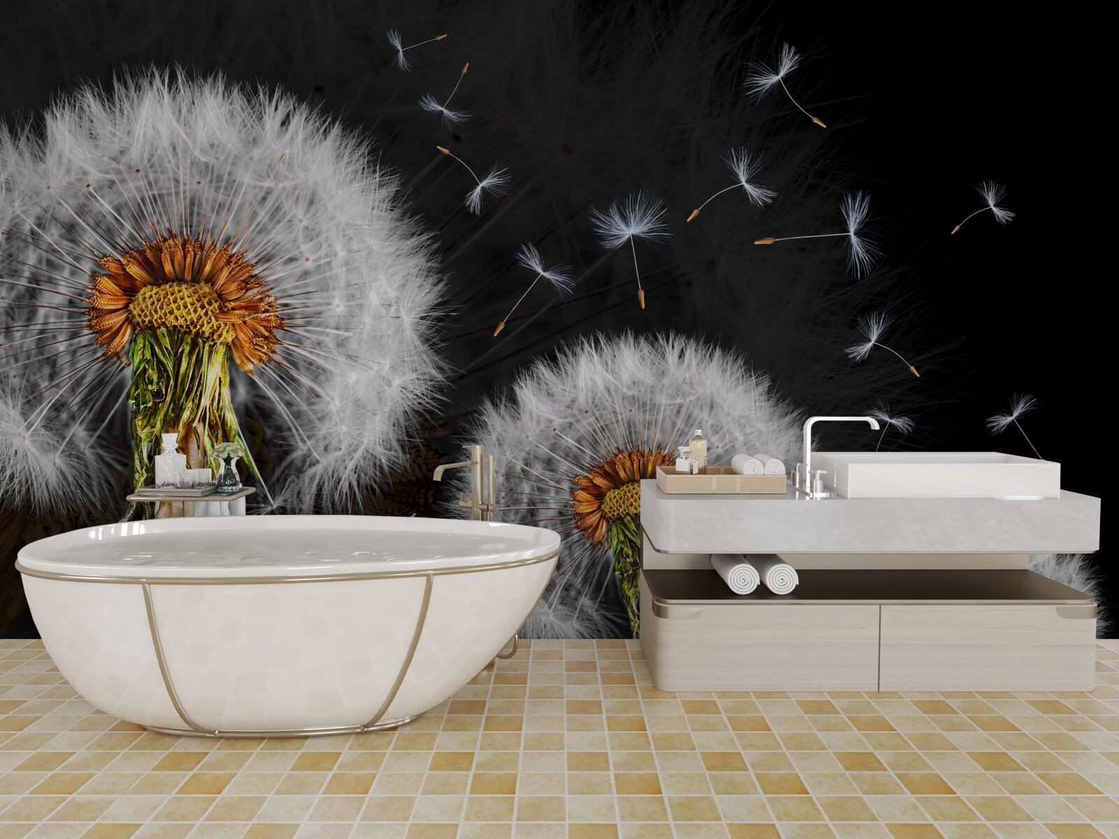 Papier peint en croissance, pétales de pissenlit éparpillés