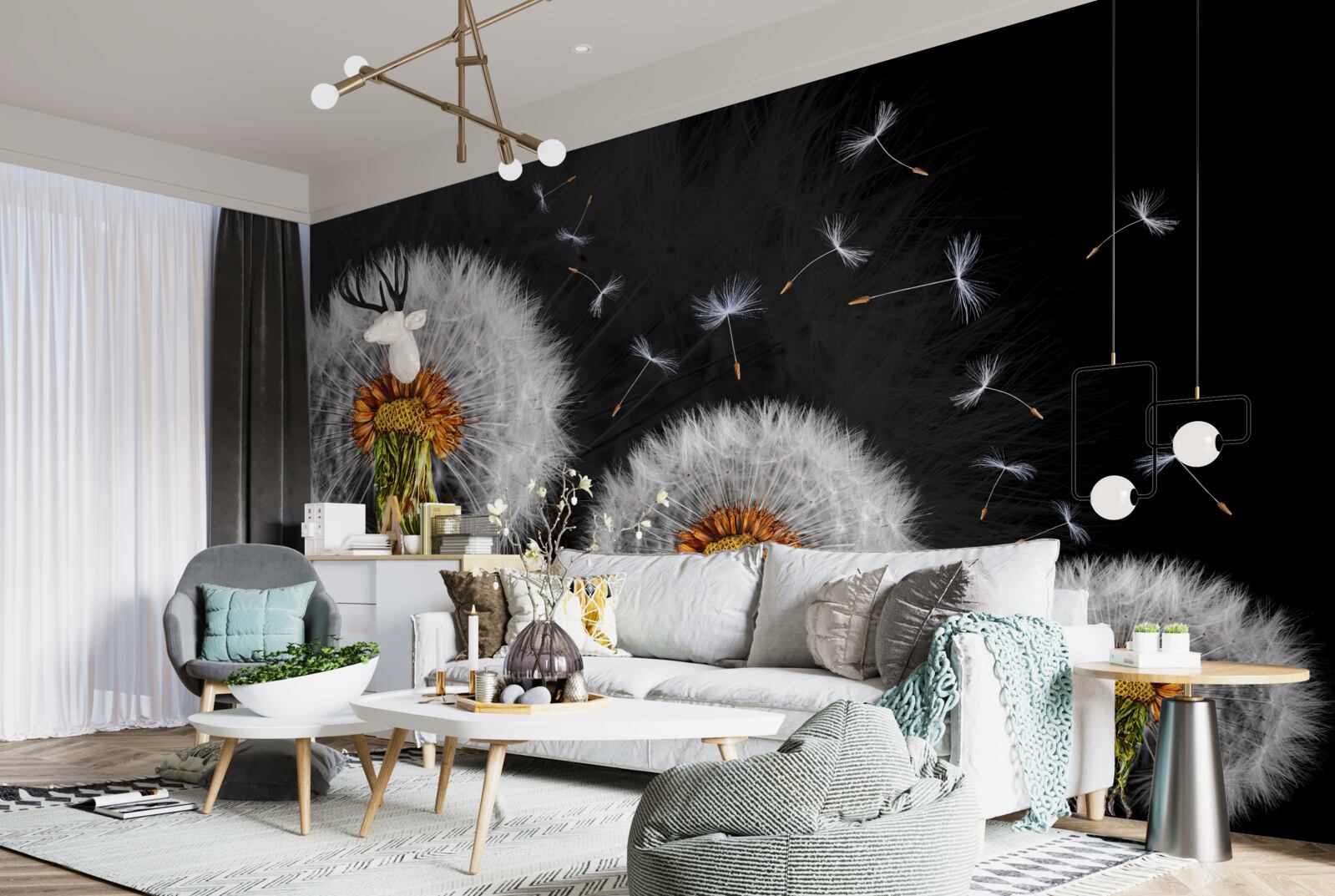 Papier peint en croissance, pétales de pissenlit éparpillés