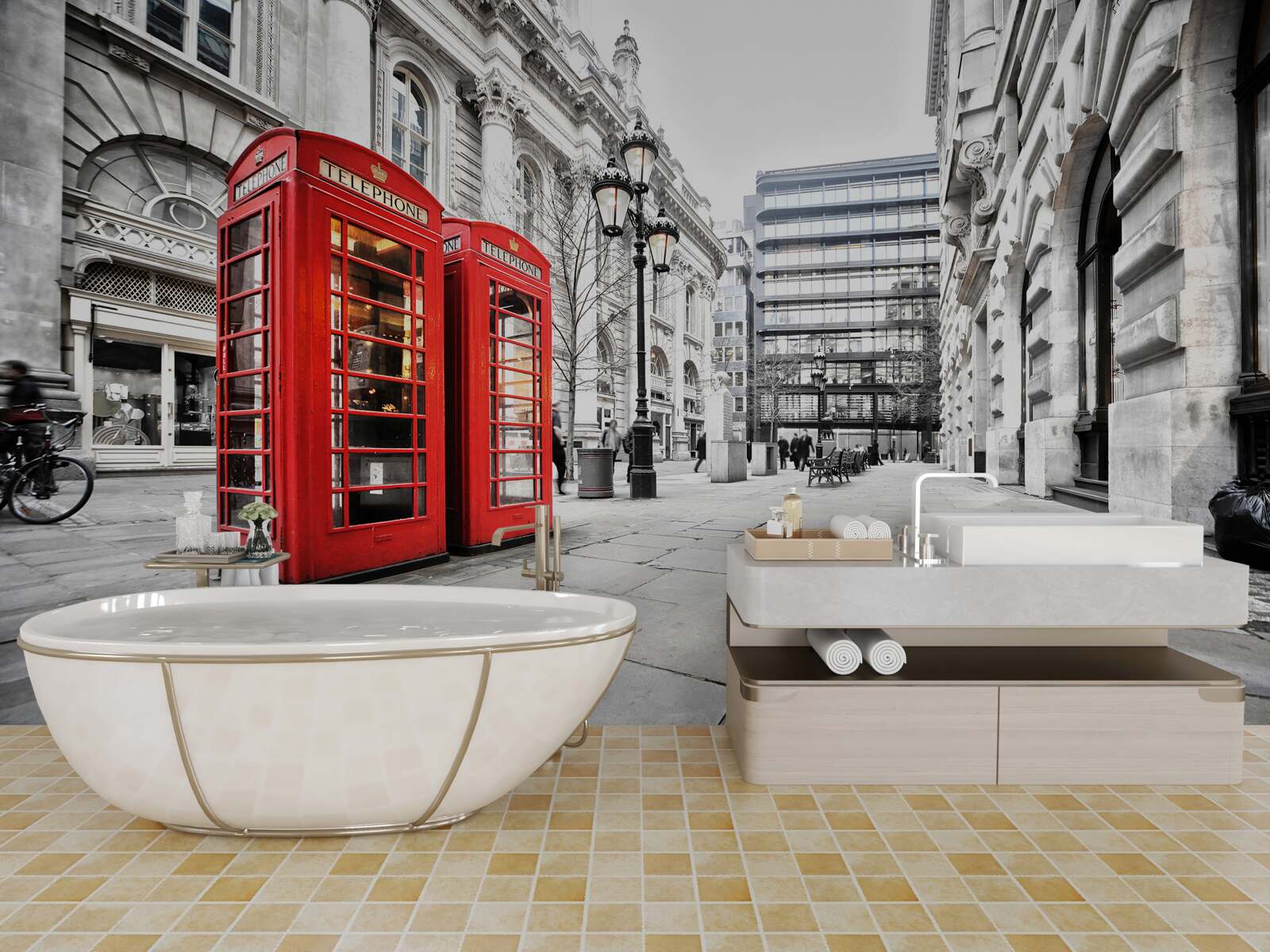 Papier peint cabines téléphoniques rouges dans les rues