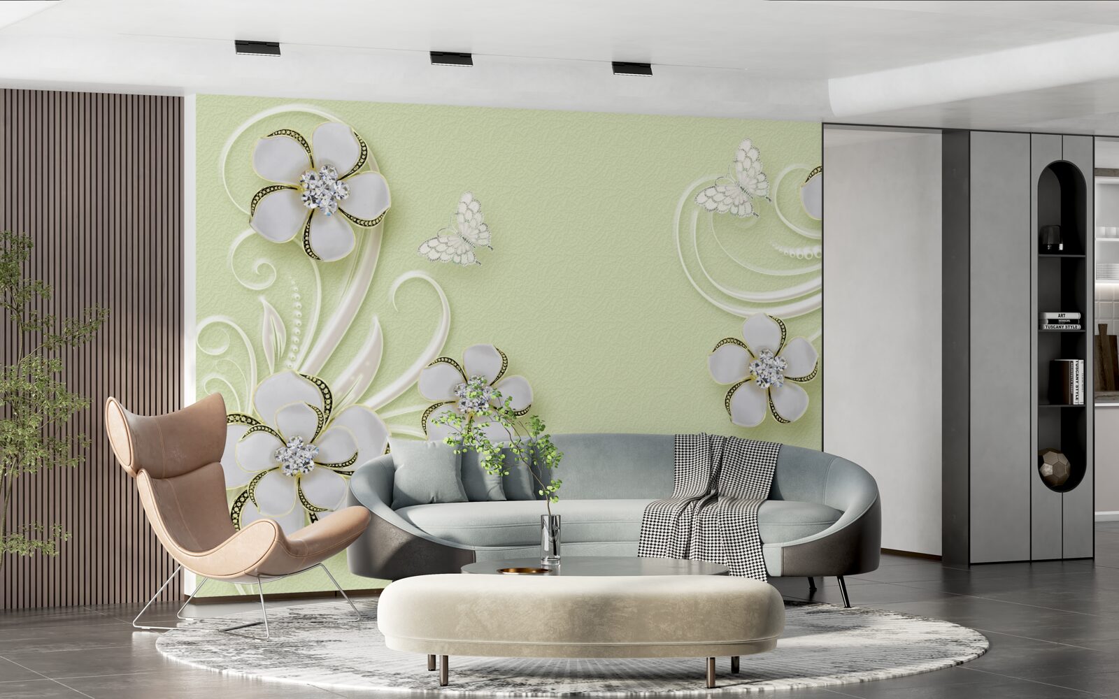 Papier peint des papillons dorés se posent sur des fleurs blanches comme la neige