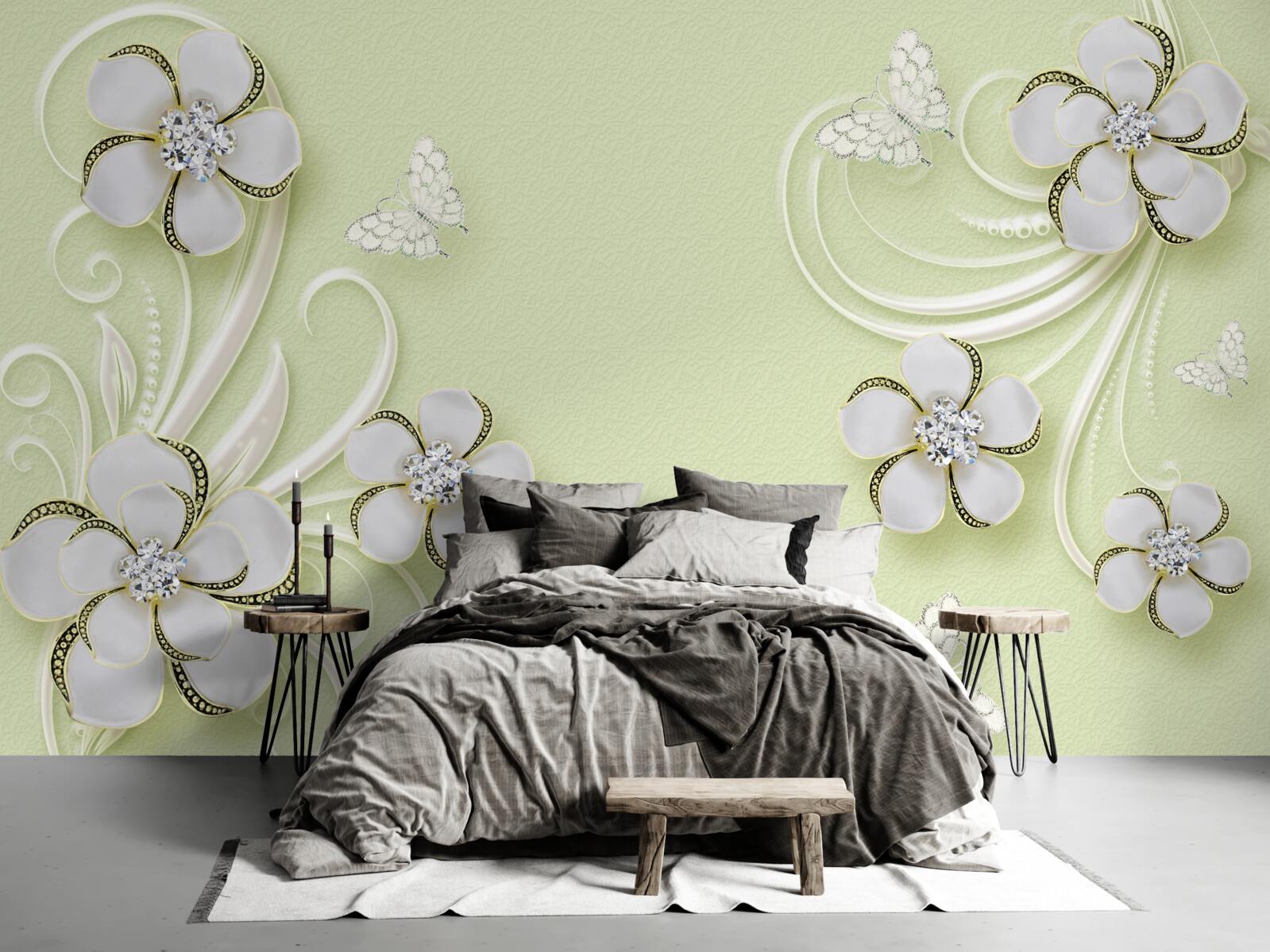 Papier peint des papillons dorés se posent sur des fleurs blanches comme la neige