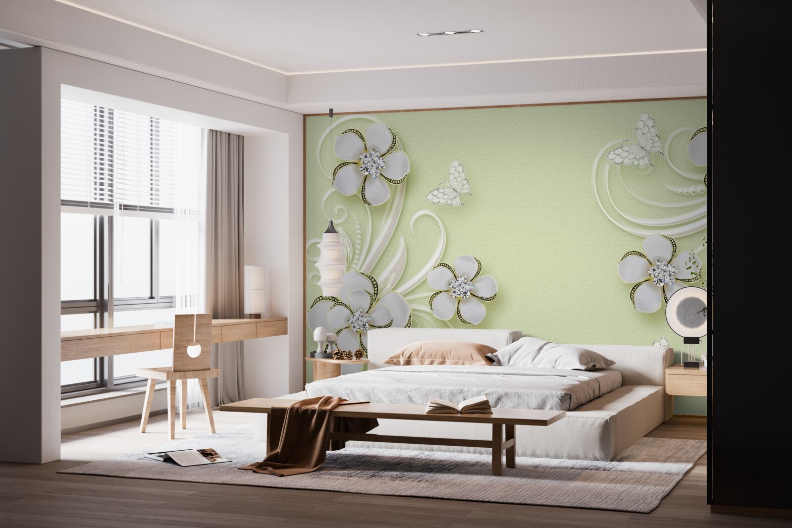 Papier peint des papillons dorés se posent sur des fleurs blanches comme la neige