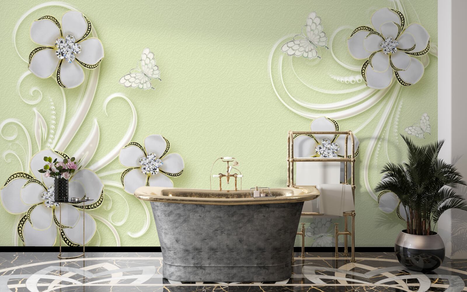 Papier peint des papillons dorés se posent sur des fleurs blanches comme la neige