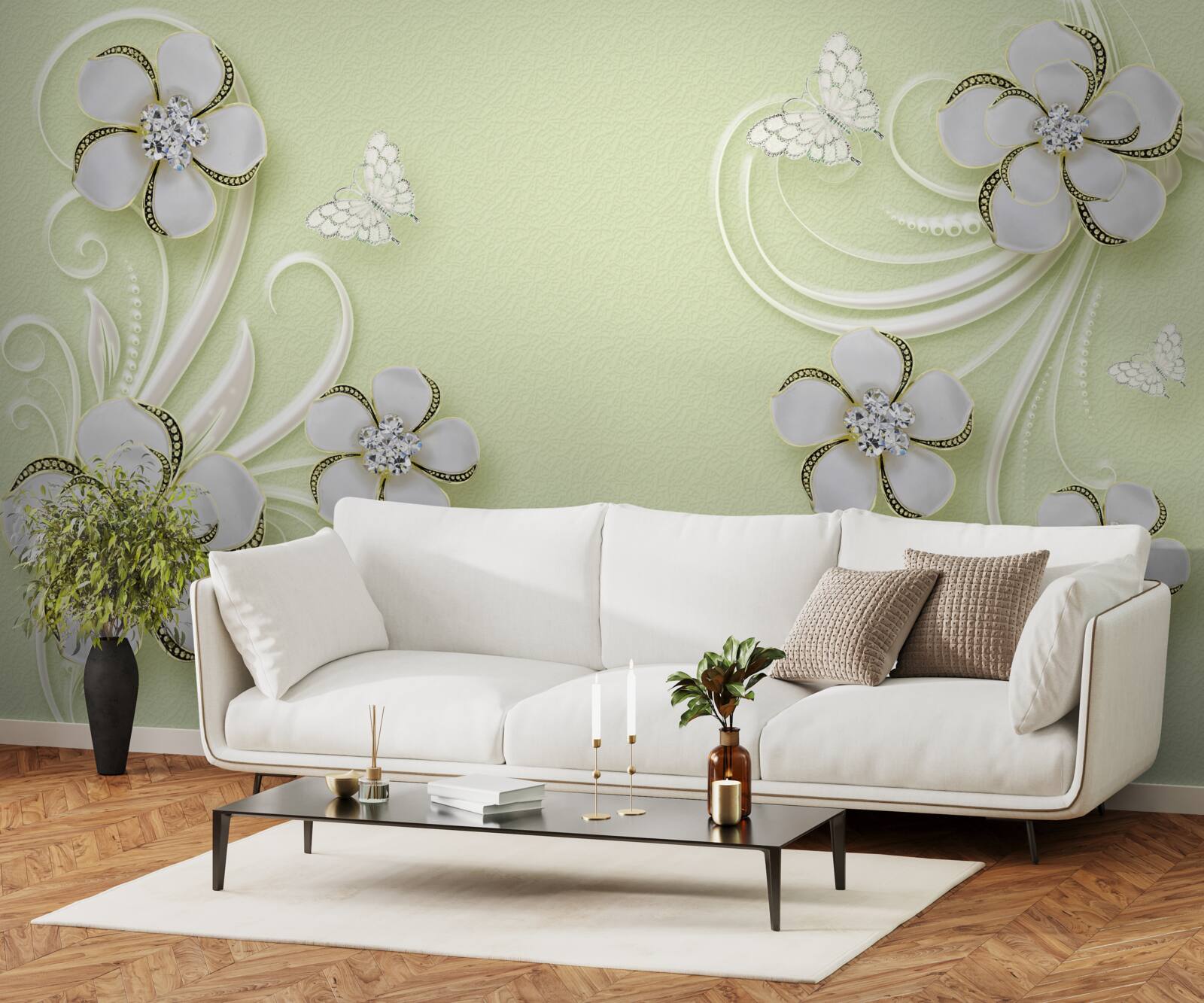 Papier peint des papillons dorés se posent sur des fleurs blanches comme la neige