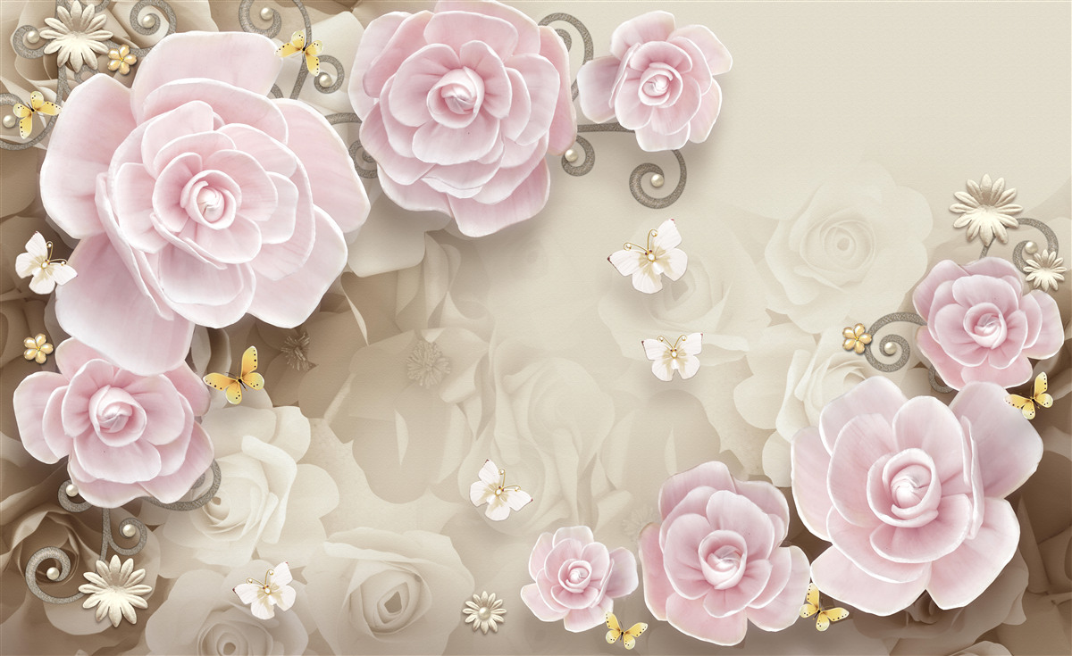 Papier peint roses douces dans les tons rosés avec des perles au centre