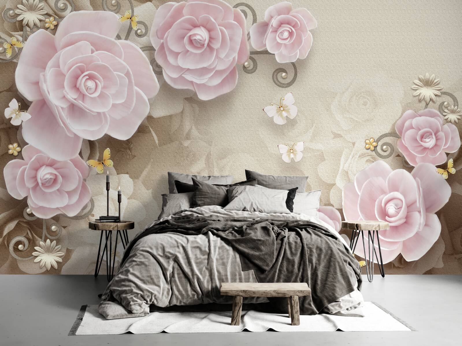 Papier peint roses douces dans les tons rosés avec des perles au centre