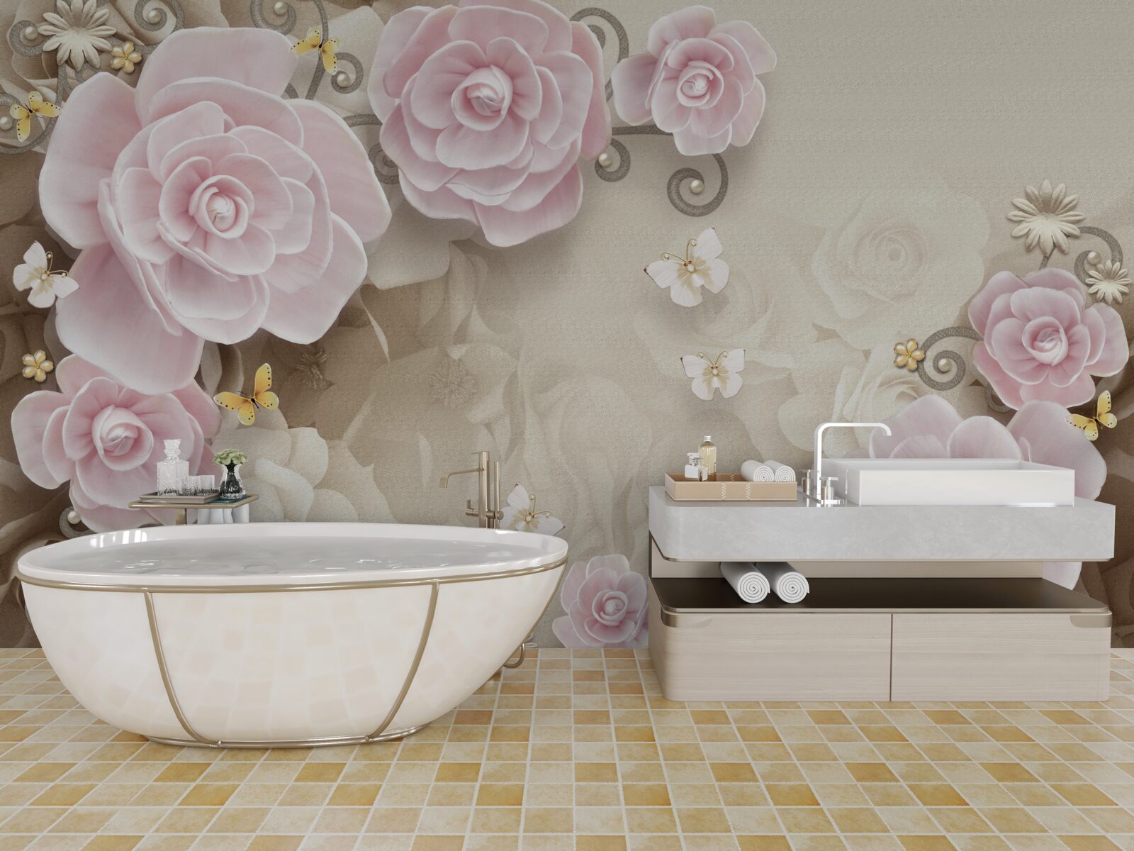 Papier peint roses douces dans les tons rosés avec des perles au centre