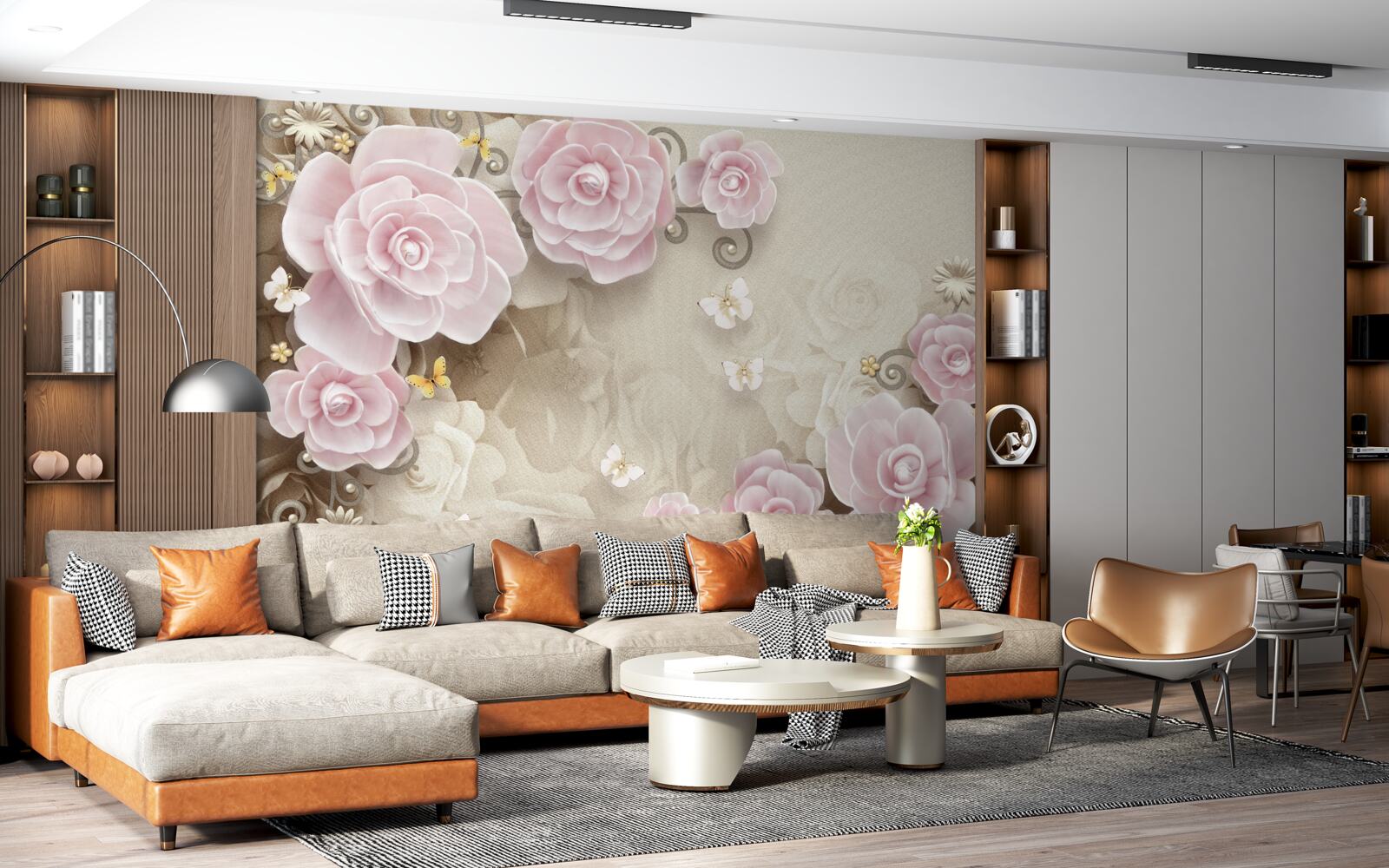 Papier peint roses douces dans les tons rosés avec des perles au centre