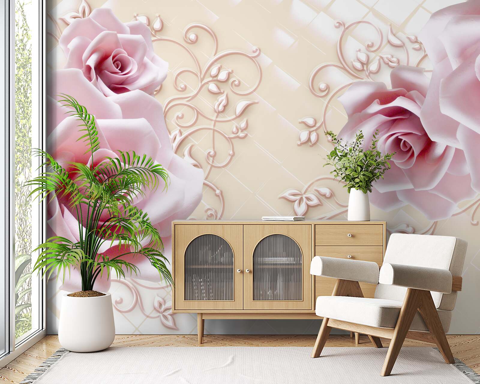 Papier peint roses poudrées