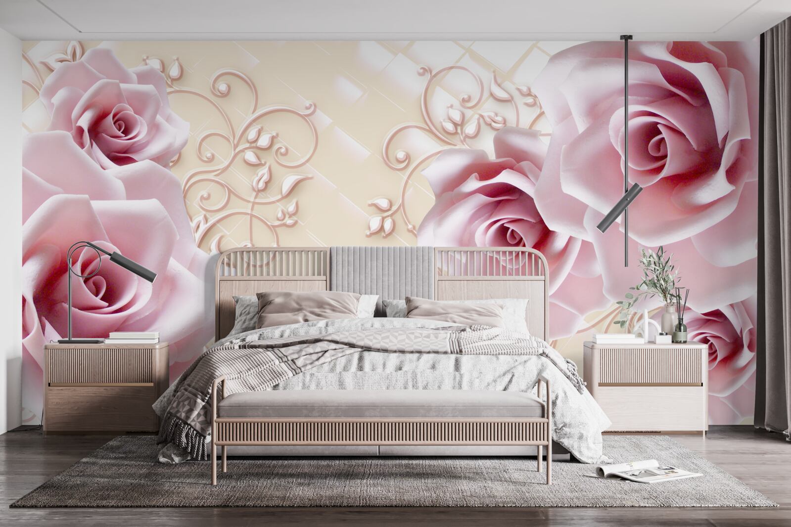 Papier peint roses poudrées