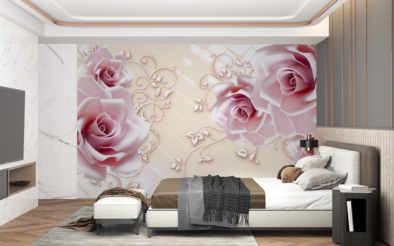 Papier peint roses poudrées