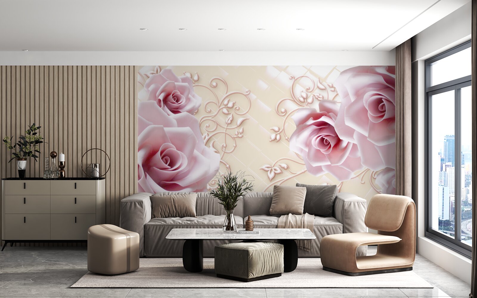 Papier peint roses poudrées