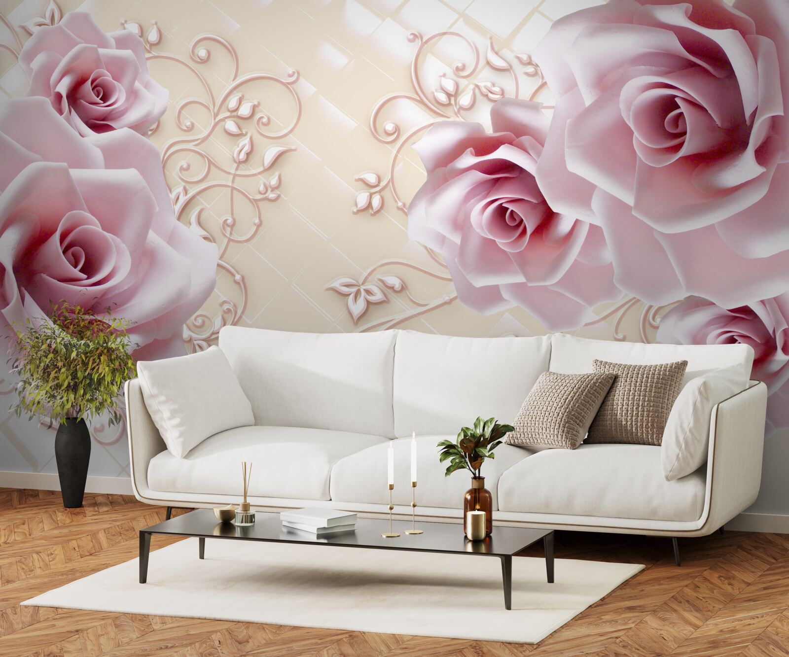 Papier peint roses poudrées