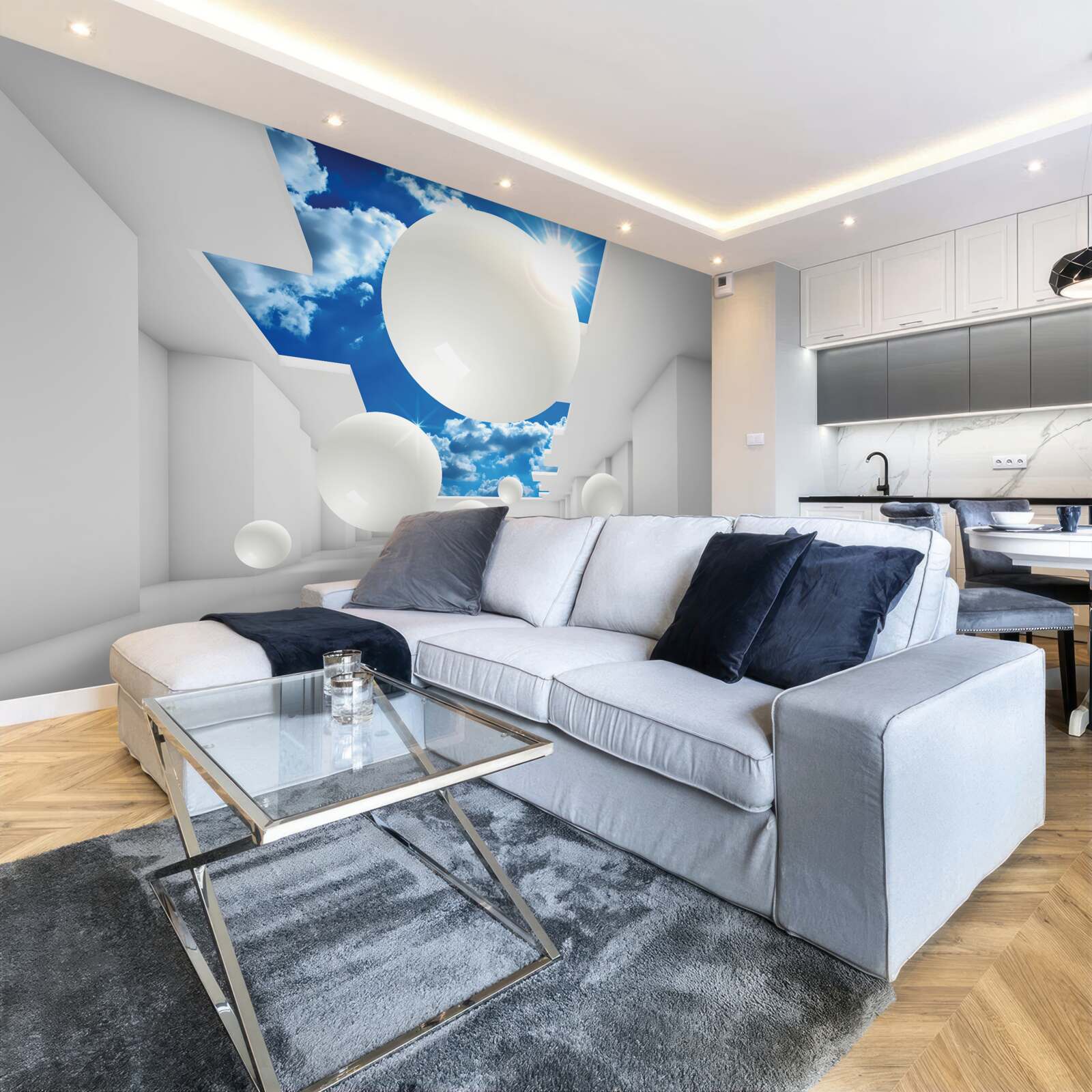 Papier peint grandes boules blanches sur fond de ciel et de soleil