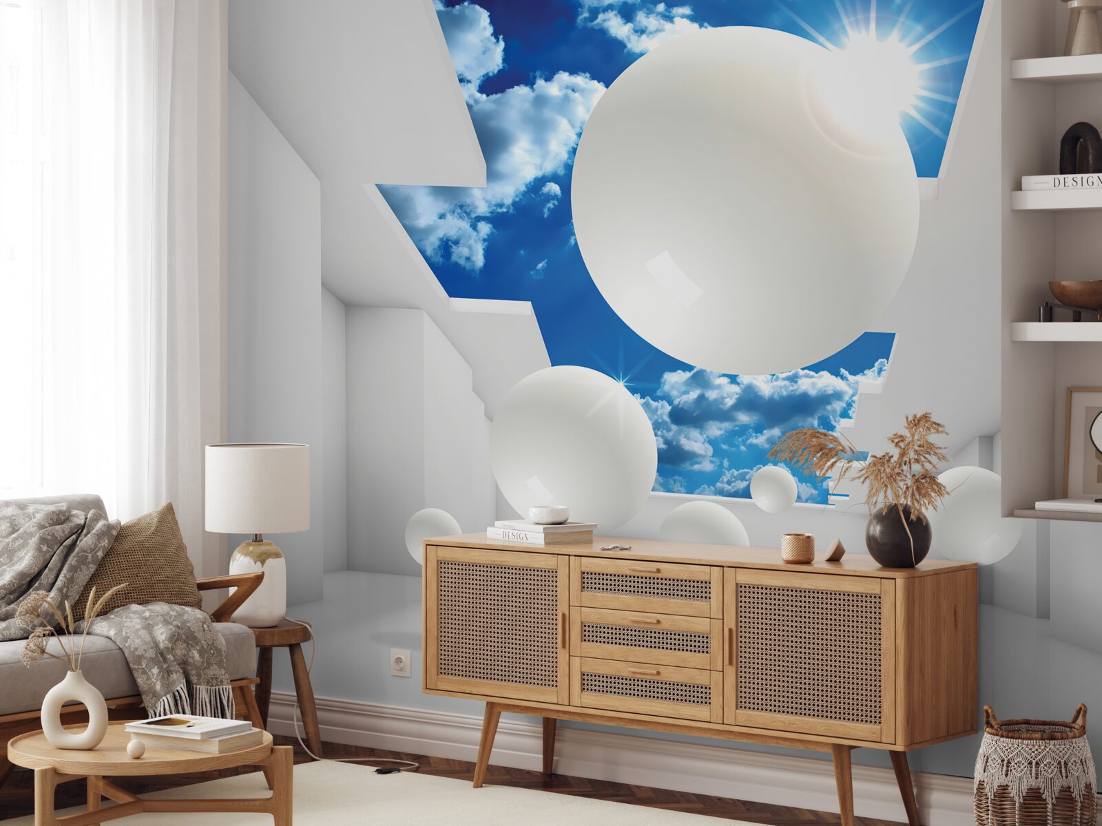 Papier peint grandes boules blanches sur fond de ciel et de soleil