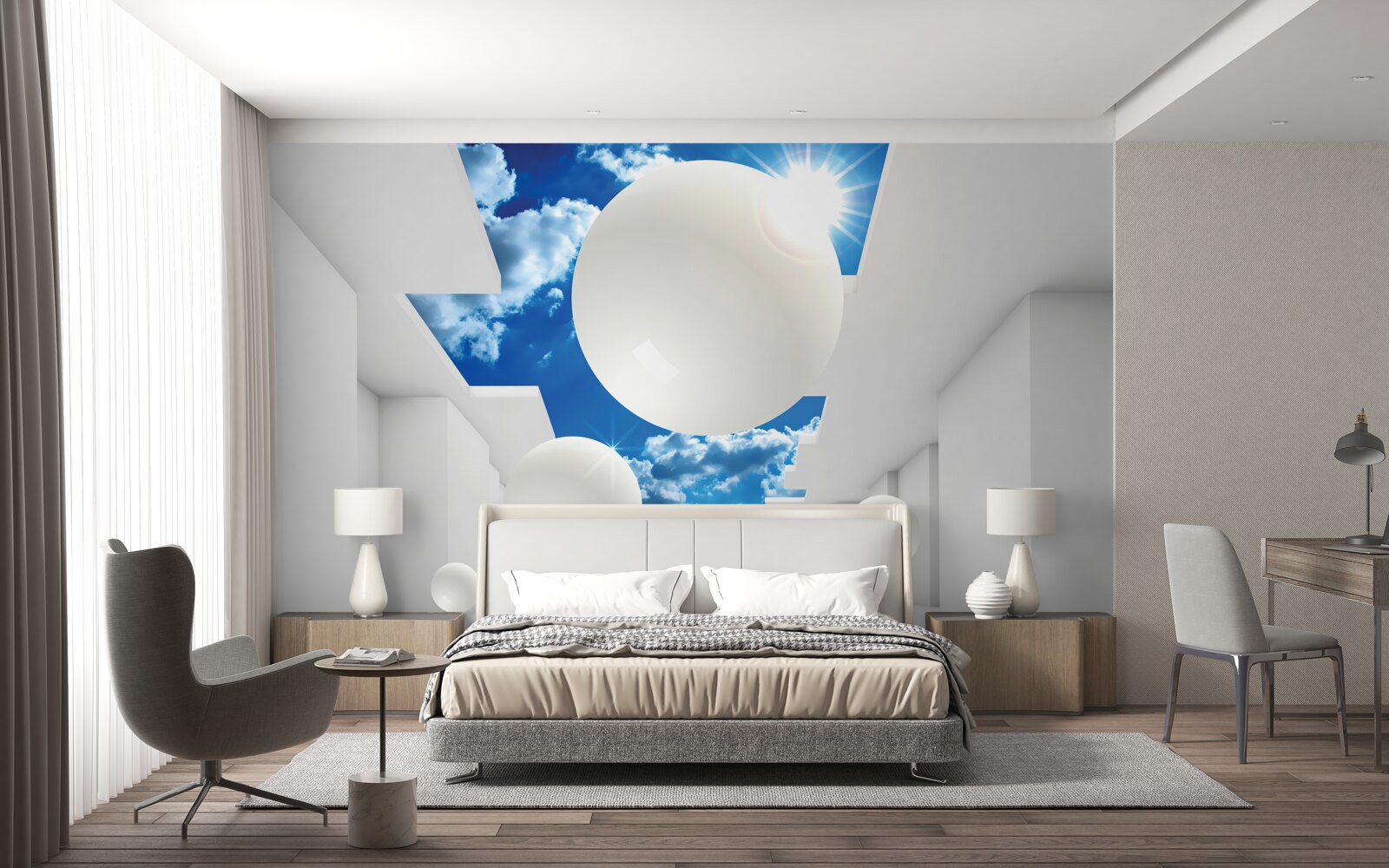 Papier peint grandes boules blanches sur fond de ciel et de soleil