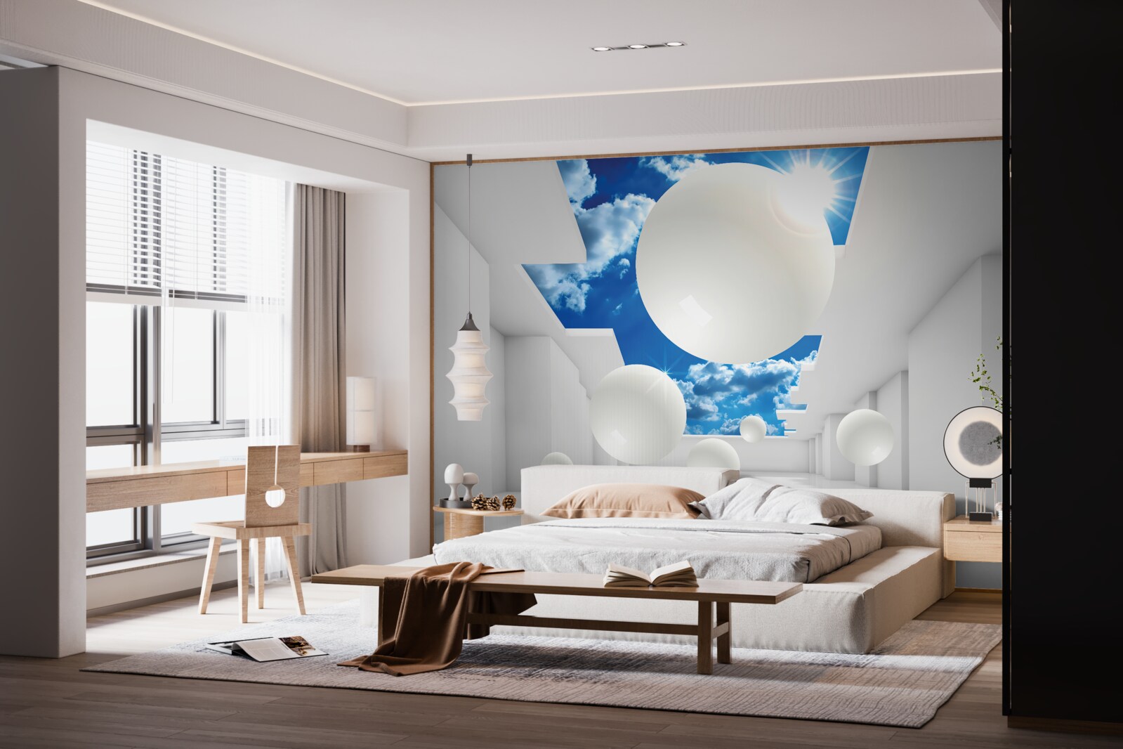 Papier peint grandes boules blanches sur fond de ciel et de soleil