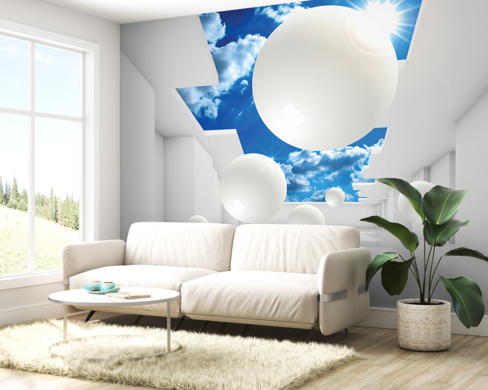 Papier peint grandes boules blanches sur fond de ciel et de soleil