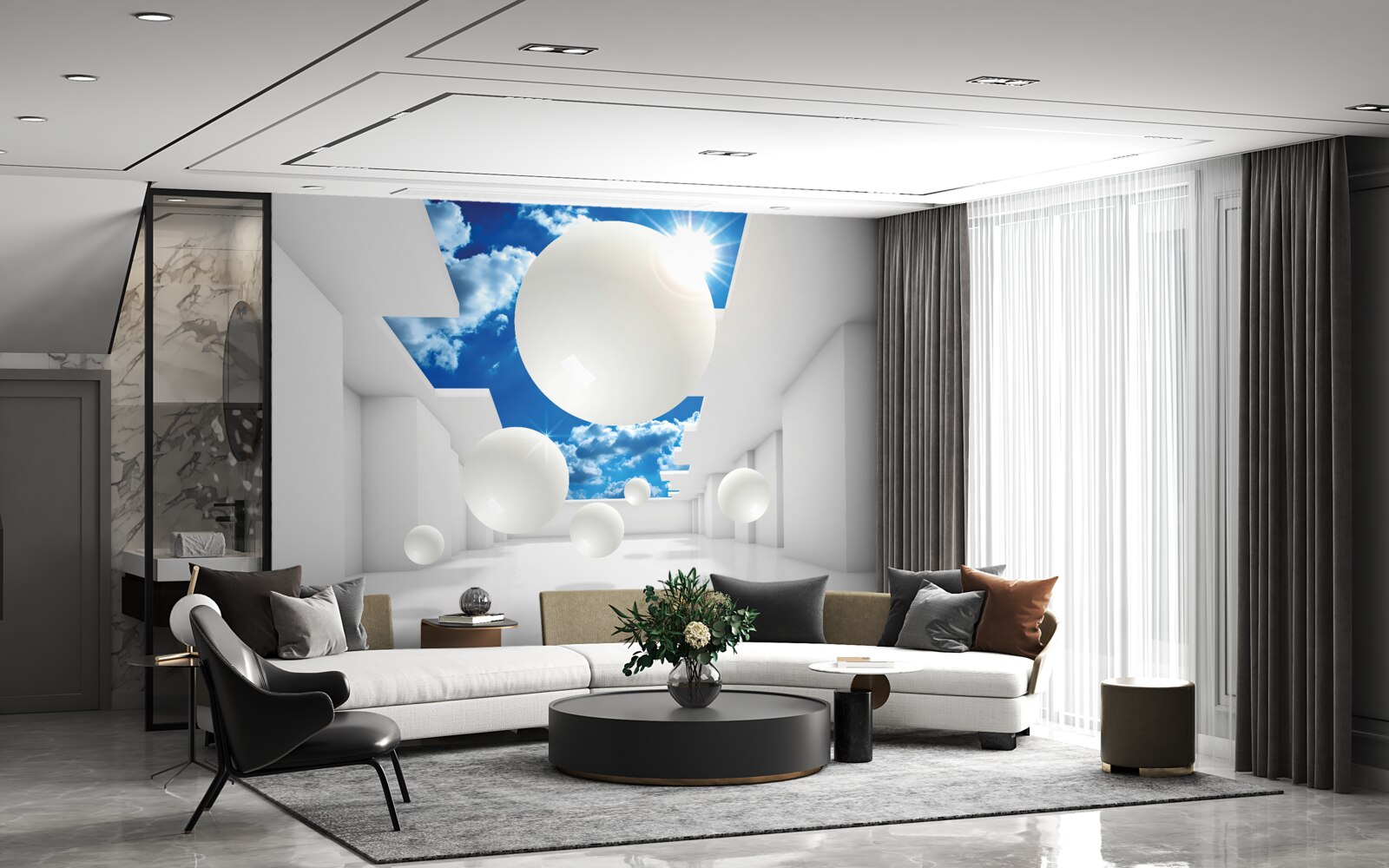 Papier peint grandes boules blanches sur fond de ciel et de soleil