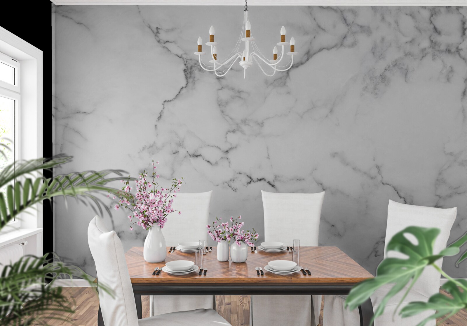 Papier peint marbre blanc avec motifs noirs