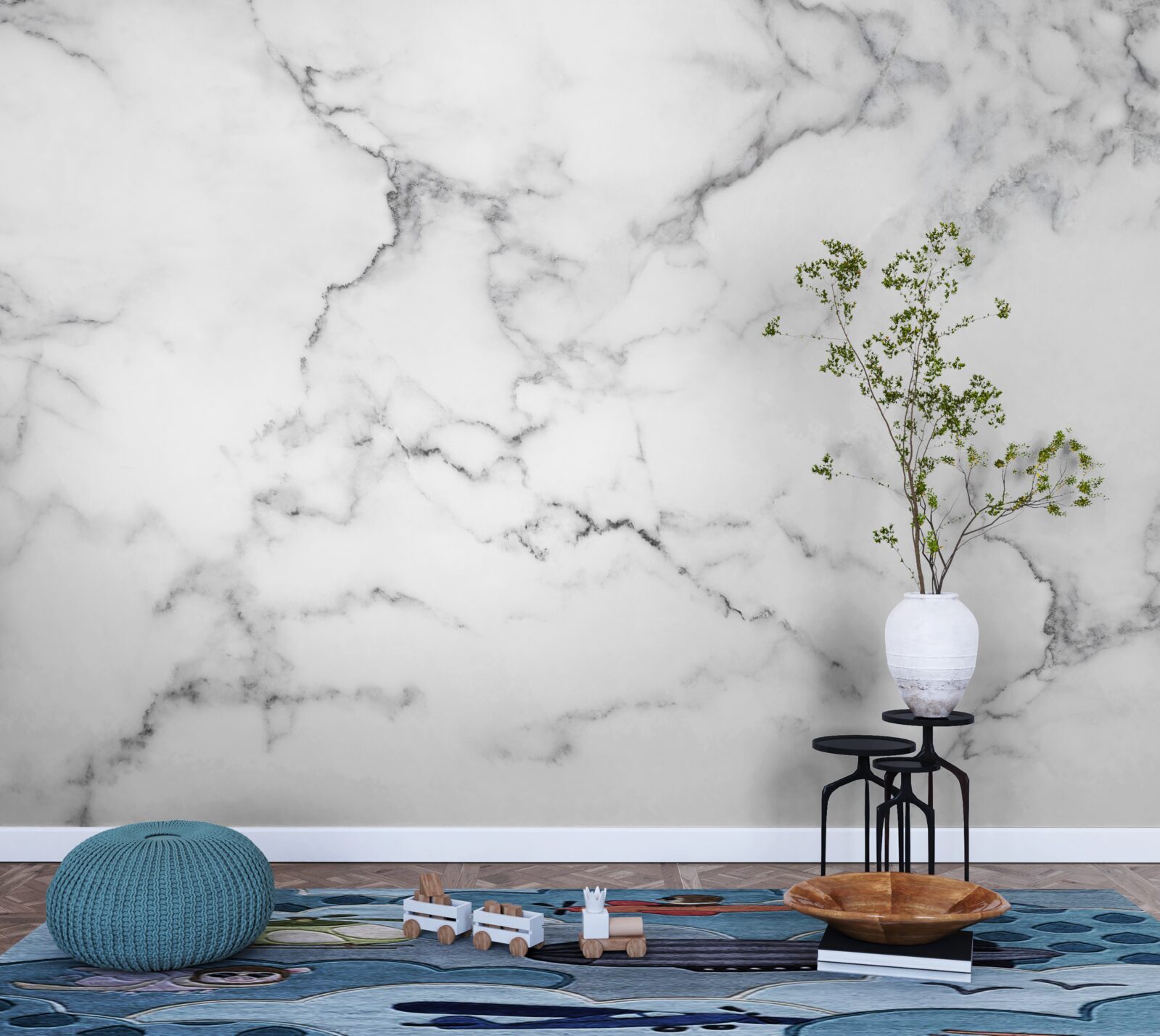 Papier peint marbre blanc avec motifs noirs