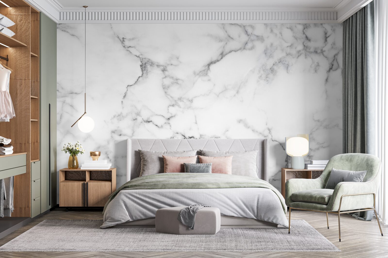 Papier peint marbre blanc avec motifs noirs