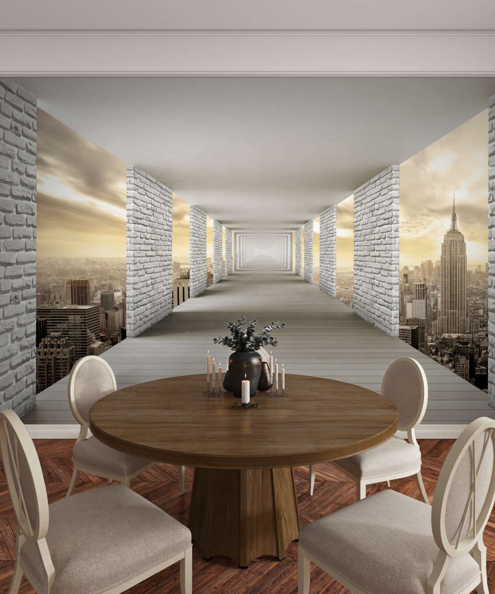 Papier peint tunnel sans fin suspendu au-dessus de la ville