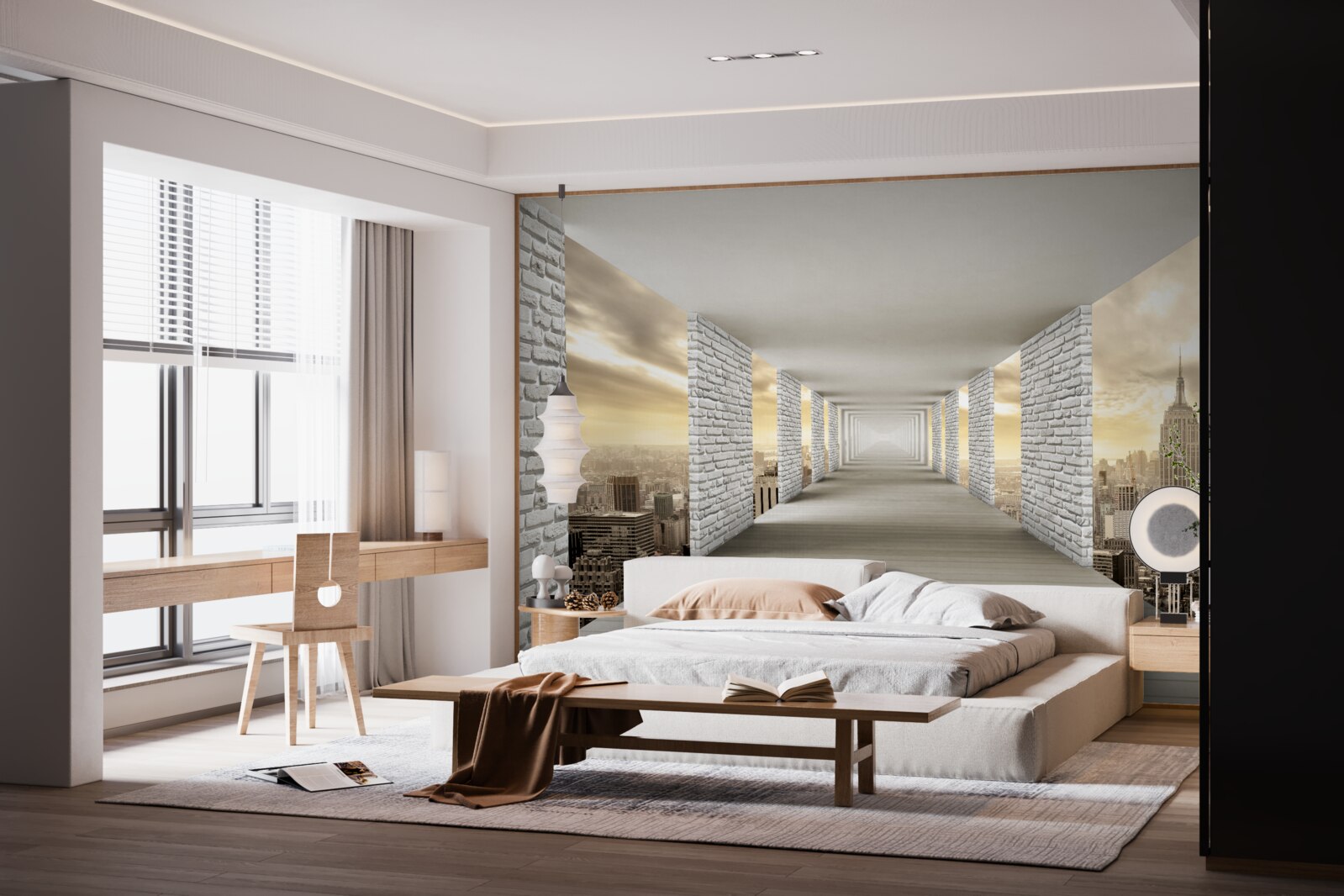 Papier peint tunnel sans fin suspendu au-dessus de la ville