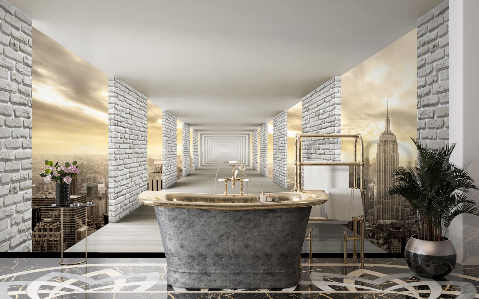 Papier peint tunnel sans fin suspendu au-dessus de la ville