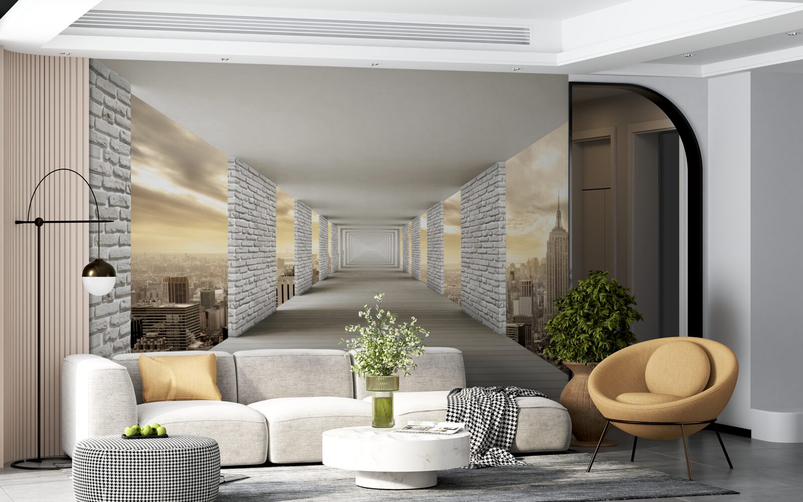 Papier peint tunnel sans fin suspendu au-dessus de la ville