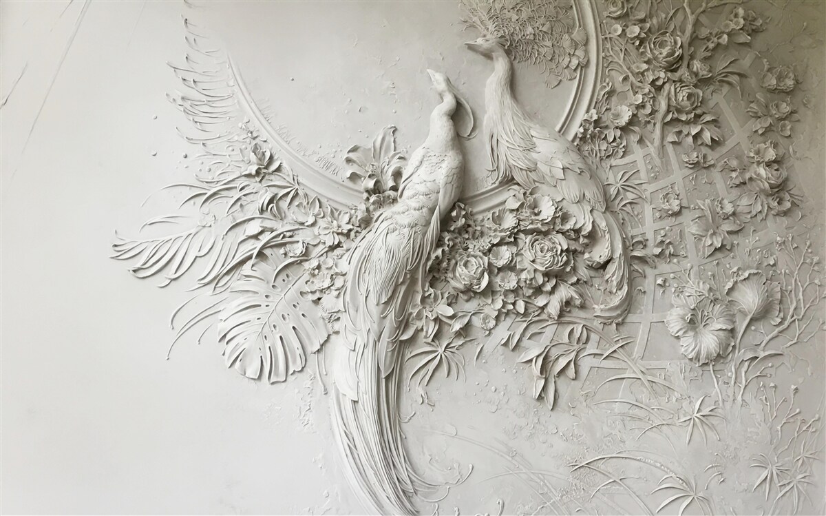 Papier peint famille de paons en pleine floraison dans un arbre