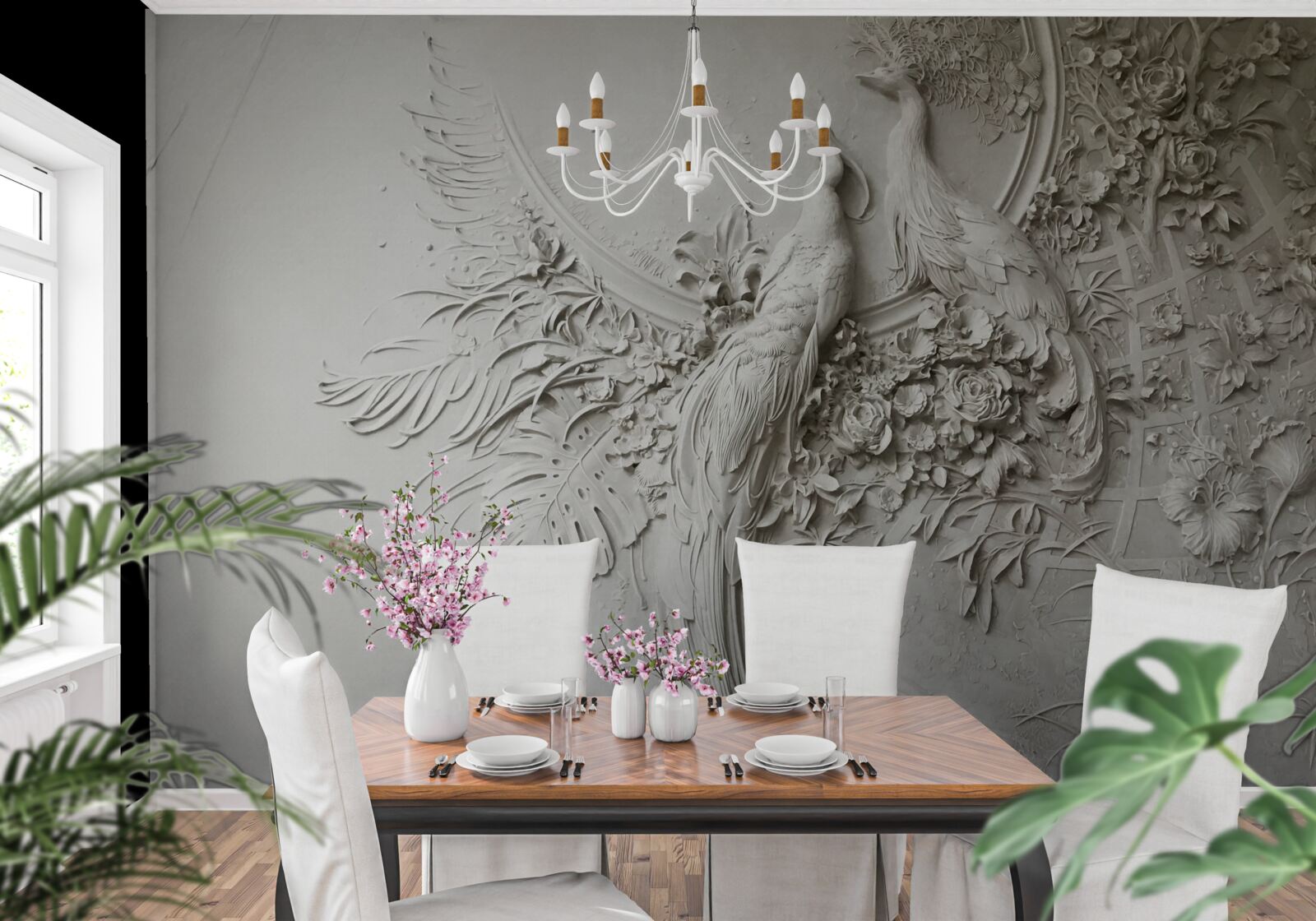 Papier peint famille de paons en pleine floraison dans un arbre