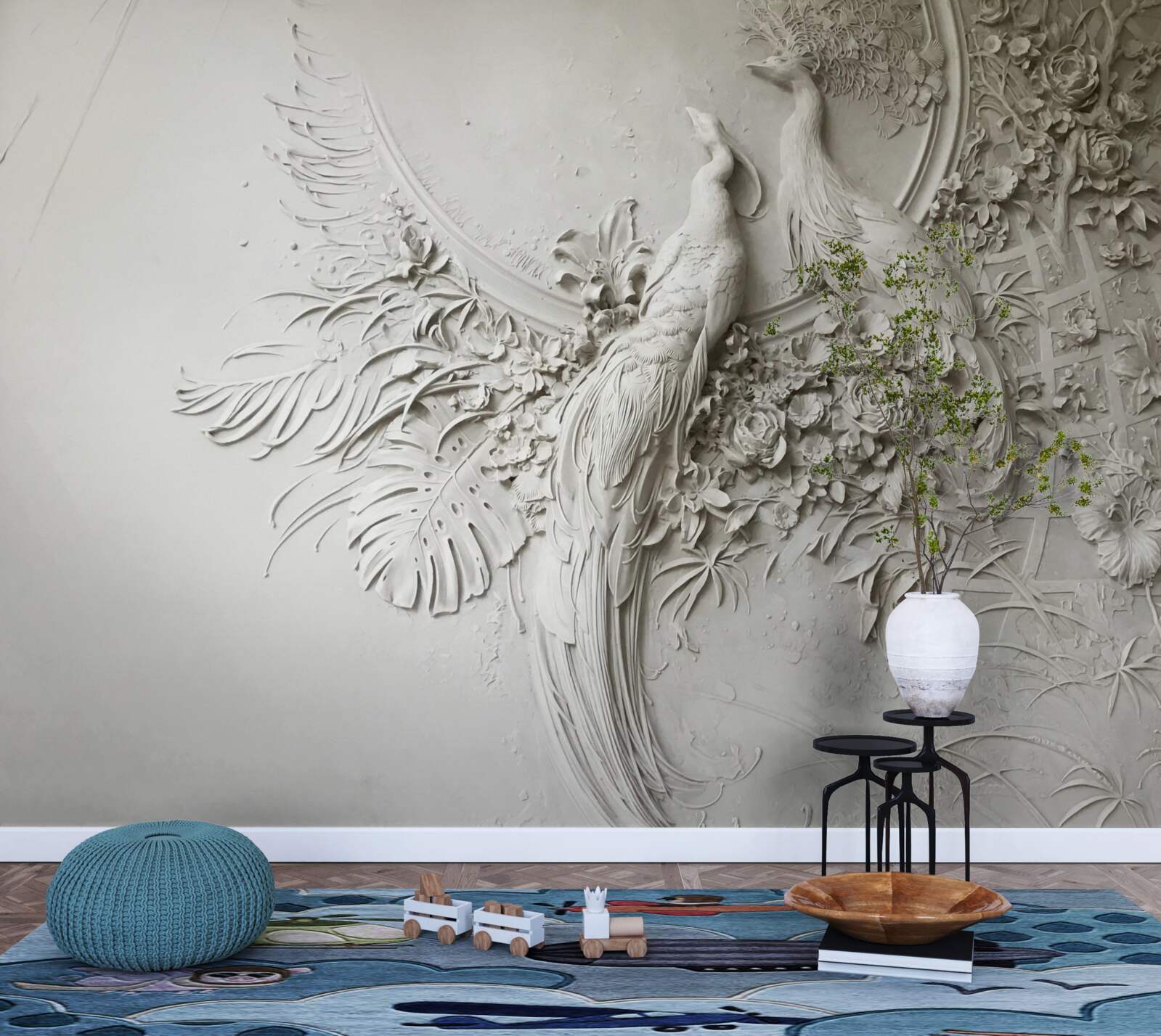 Papier peint famille de paons en pleine floraison dans un arbre