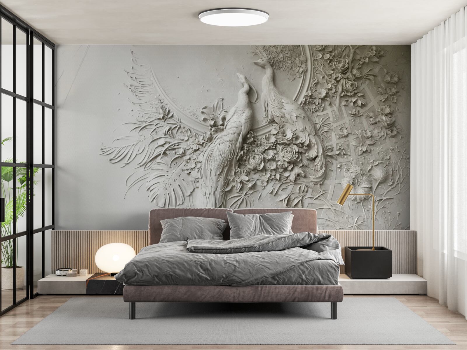 Papier peint famille de paons en pleine floraison dans un arbre